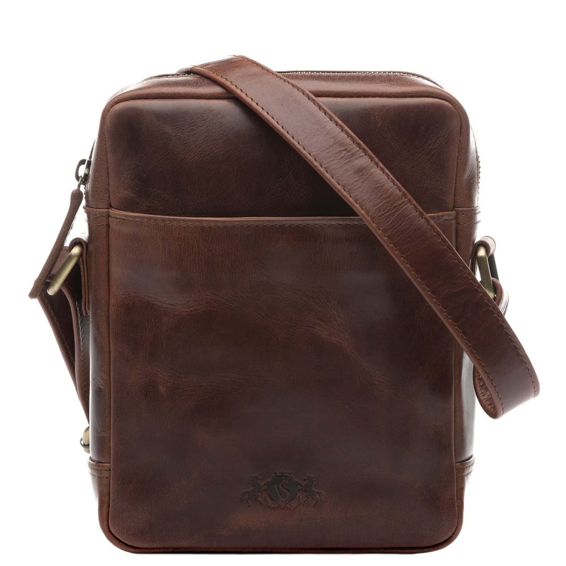 SID & VAIN Schultertasche DUBLIN, Umhängetasche echt Leder Unisex, Crossbody Bag, braun-cognac