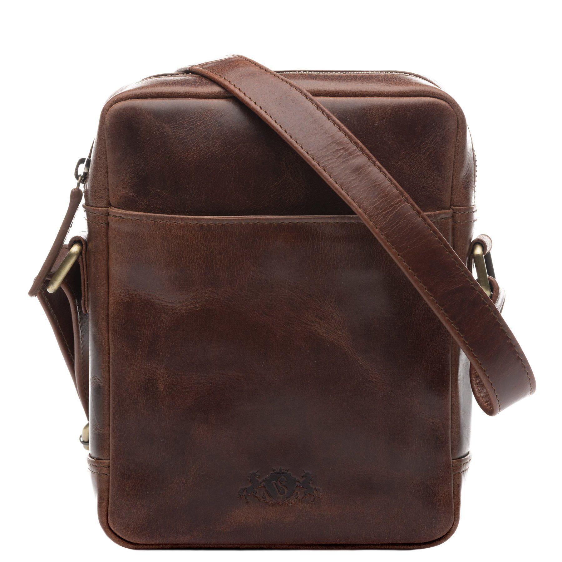 SID & VAIN Umhängetasche echt Leder Schultertasche groß braun DUBLIN, Umhängetasche echt Leder Damen Herren, Crossbody Bag, braun-cognac