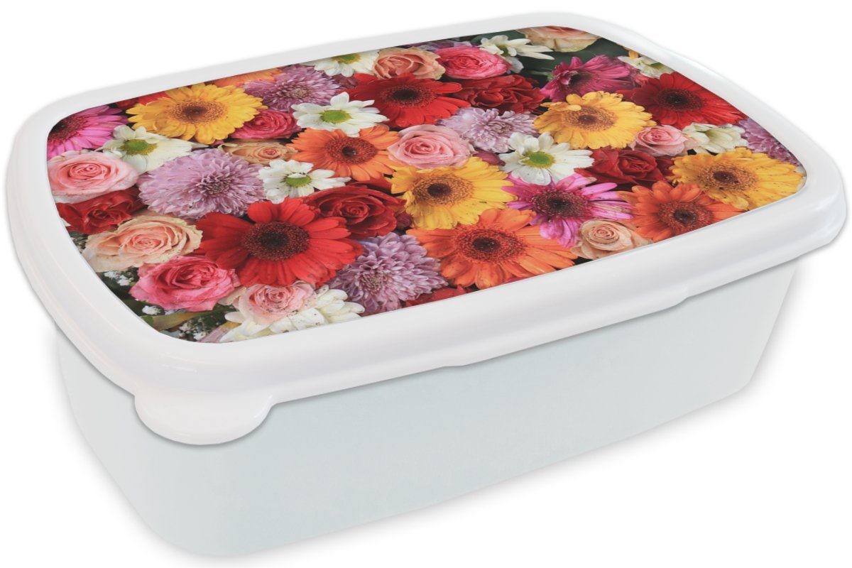 Mädchen und - Gerbera Jungs - MuchoWow für und Rosen, Erwachsene, - Kunststoff, Kinder weiß Lunchbox (2-tlg), Farben Brotdose, Brotbox Blumen für