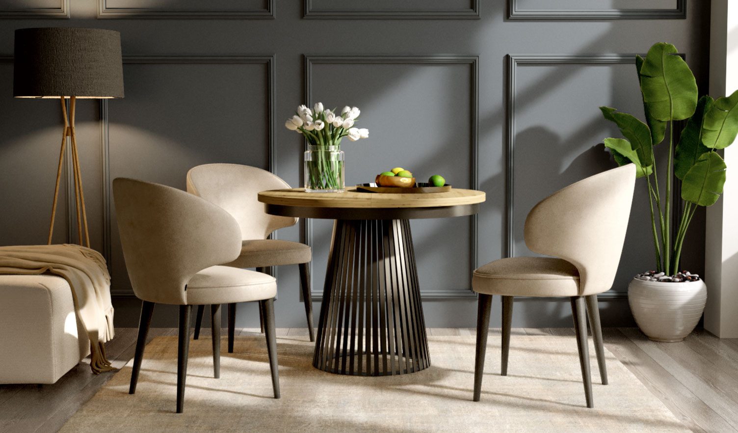 Compleo Esstisch rund Ausziehbar Ø: 120 cm oder Ø: 100 cm, Modern Esstisch mit Lamellen, DAST