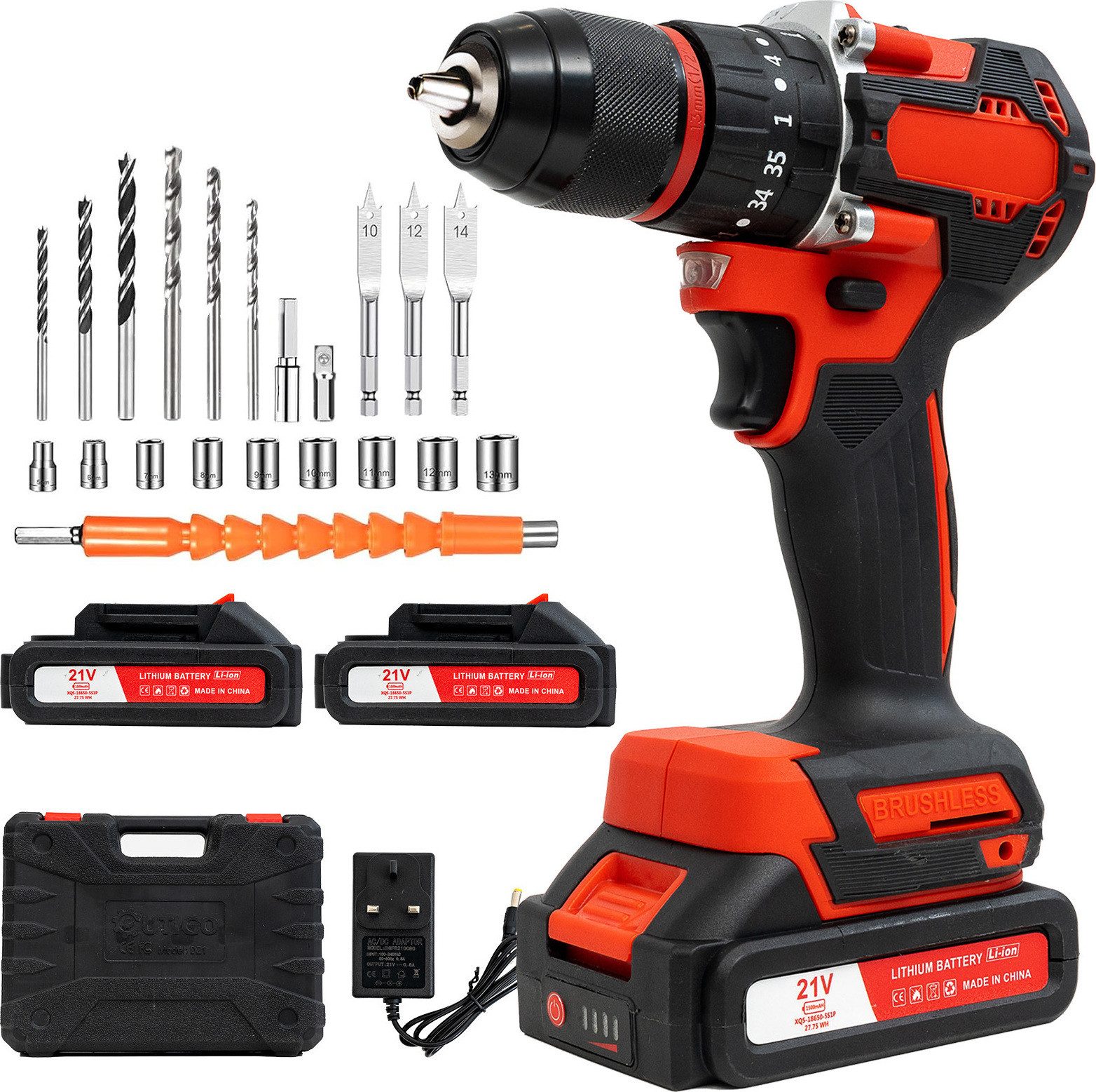 OUTIGO Akku-Bohrmaschine Akku-Bohrschrauber, Schnellladen, Das hohe Drehmoment von 42 Nm, 2 Geschwindigkeiten, 27 DIY-Zubehör für Reparaturen und Heimwerken