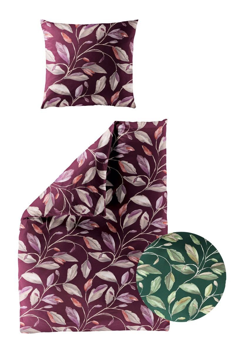 BIERBAUM Bettwäsche 135x200cm Blätter Blatt Grün Bordeaux, Biber, 2 teilig, günstig online kaufen
