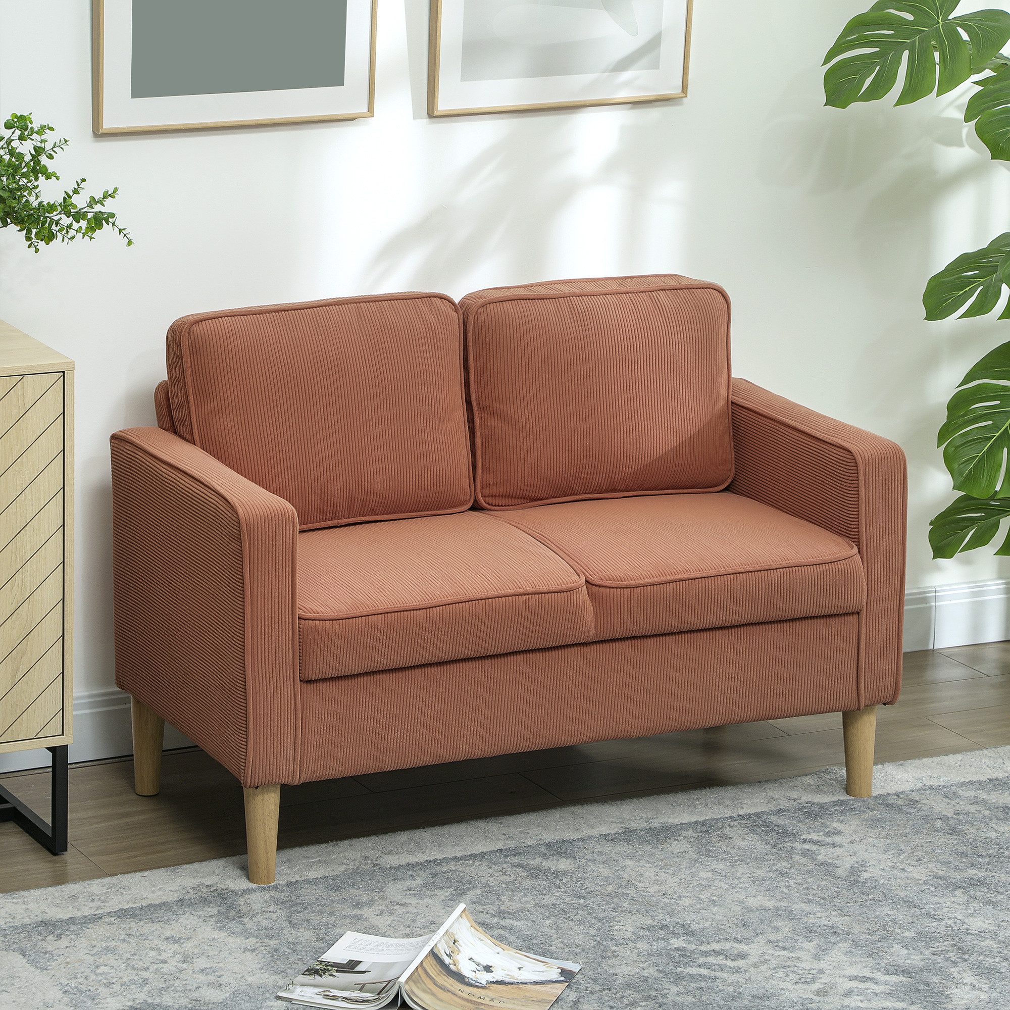 HOMCOM 2-Sitzer Sofa mit 2 Armlehne, Stauraum, Kleine Loveseat, Holzbeine, Couch 1 Teile, aus Corduroy für Wohnzimmer, Schlafzimmer, Orange 117 x 63 x 79 cm