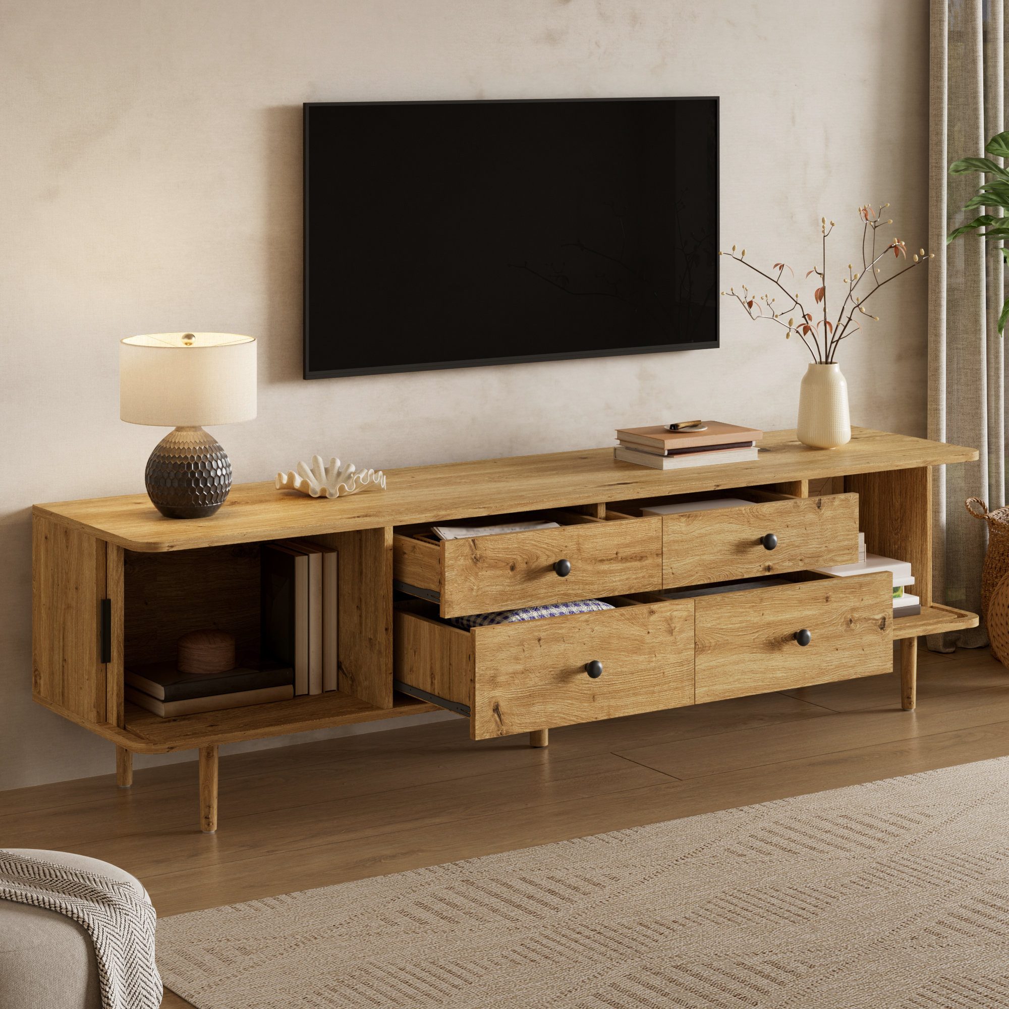Odikalo TV-Schrank Lowboard Fernsehschrank runde Ecken mit Schubladen Schiebetüren (TV-Lowboard 165 cm MDF Wohnzimmerschrank mit 4 Schubladen und 2 Schiebetüren großer Stauraum)