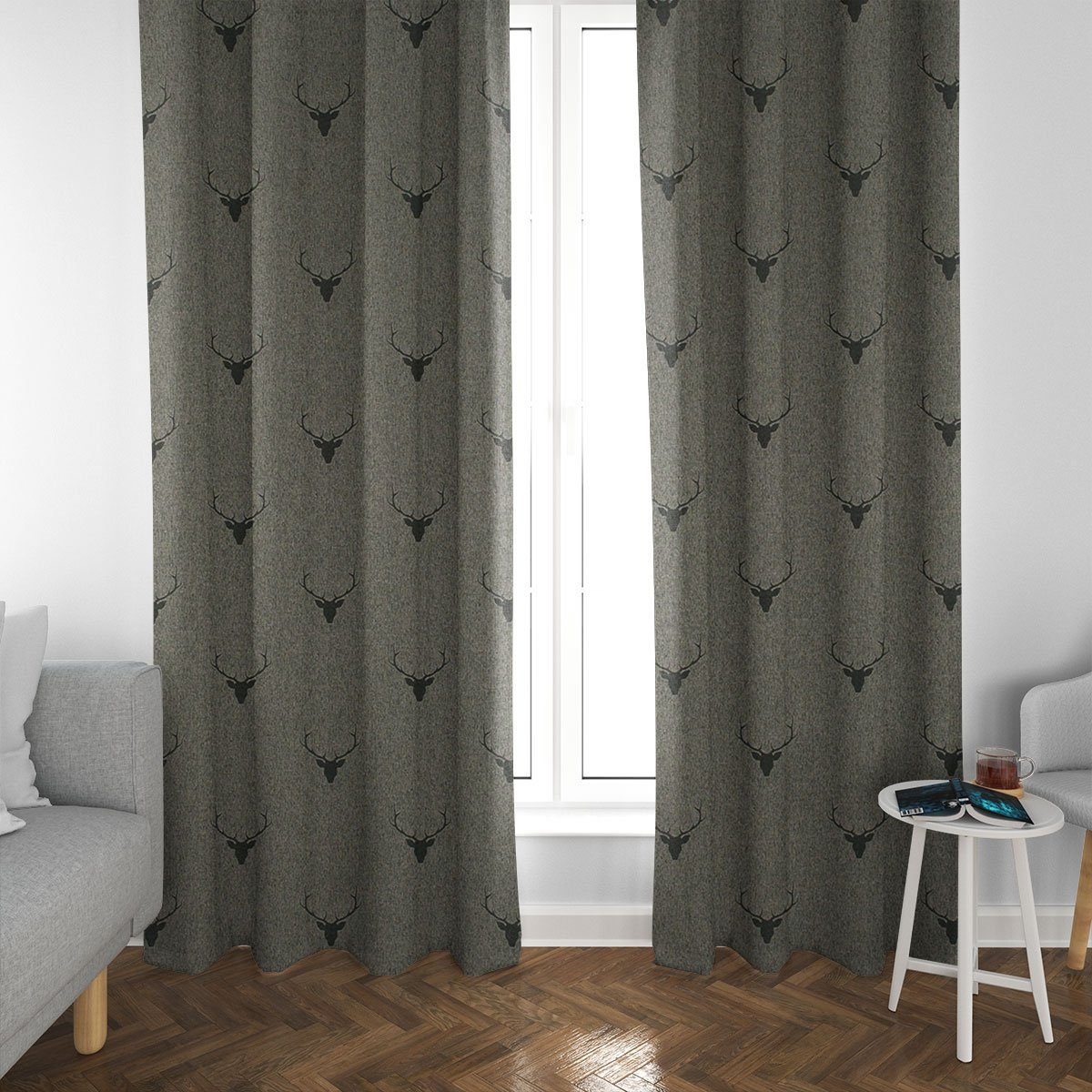SCHÖNER LEBEN. Vorhang SCHÖNER LEBEN. Vorhang Jacquard Hirschkopf mit Geweih grün dunkelgrün, Smokband, blickdicht, Jacquard, handmade