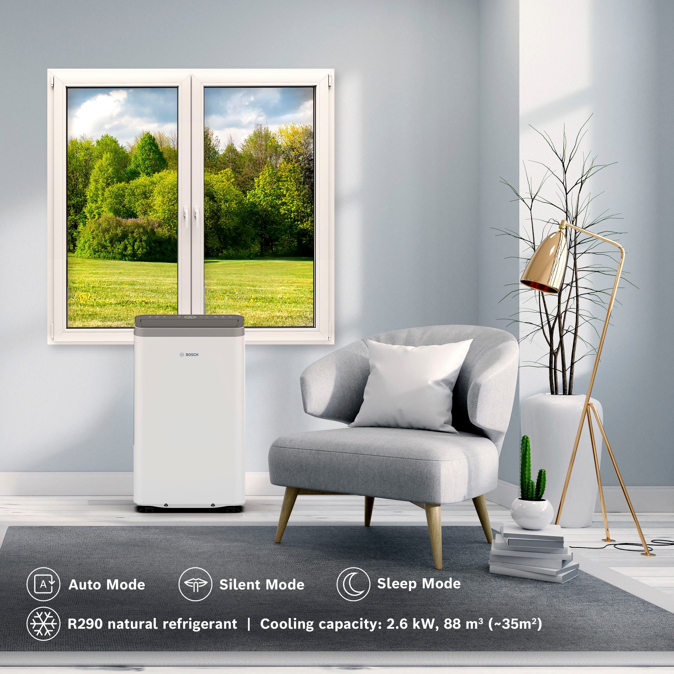 BOSCH 3-in-1-Klimagerät Cool 4000 - 3-in-1 Klimaanlage, Luftentfeuchter, Ventilator, Entfeuchtung bis zu 50 l/Tag, für Räume bis zu 35m²
