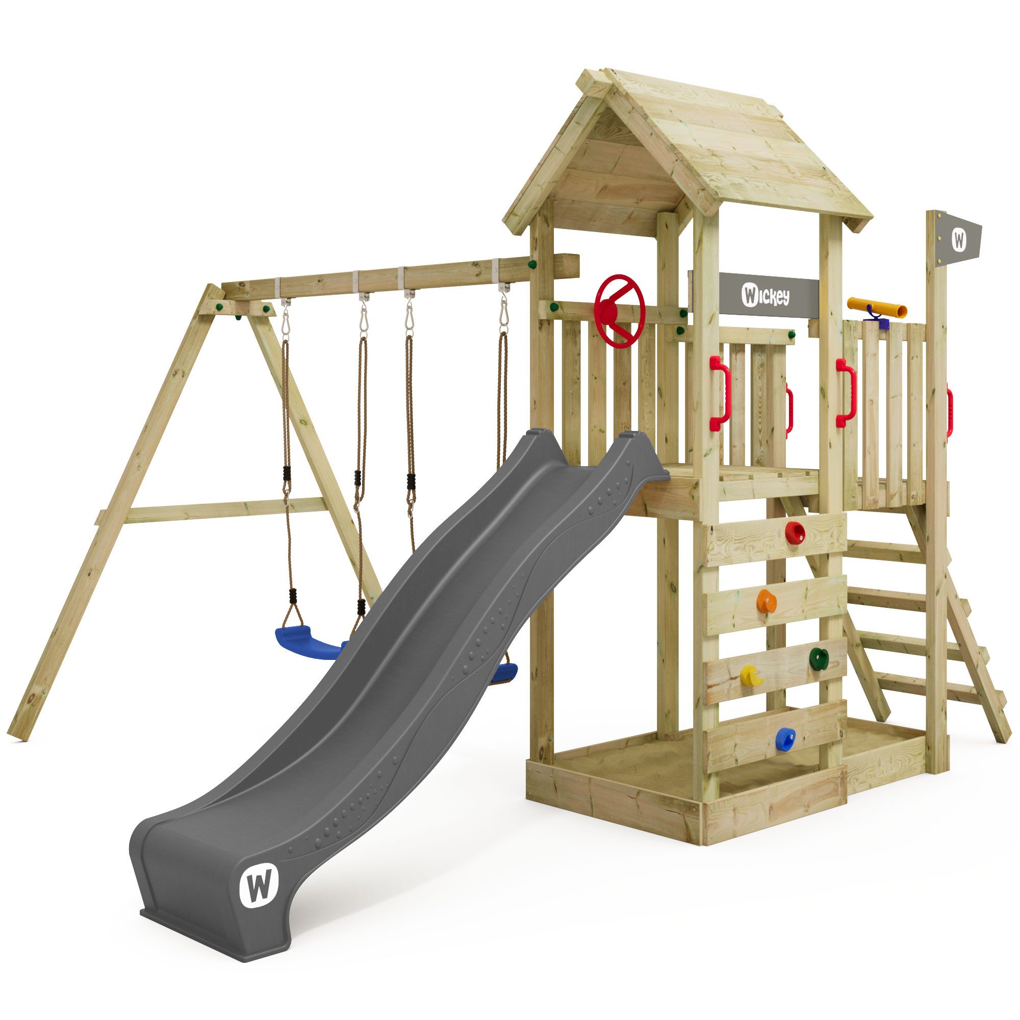 Wickey Spielturm MultiFlyer Holzdach - Klettergerüst mit Doppelschaukel und Sandkasten, extrem witterungsbeständig mit 10 Jahren Garantie*