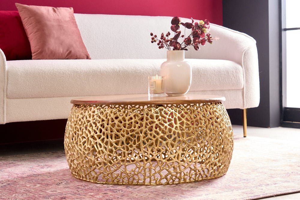 LebensWohnArt Couchtisch Extravaganter Couchtisch RIXOS ca.73cm gold Metall Akazie