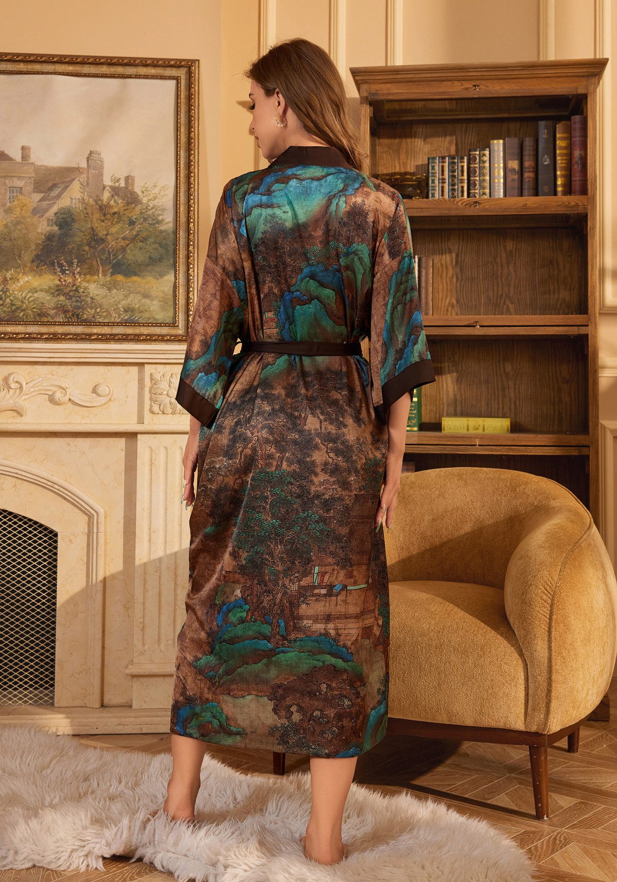 Vivi Idee Morgenmantel Kimono Bademantel, Schlafmantel lang leicht, satin Sauna Einheitsgröße, Kimono-Kragen, Bindegürtel, Einheitsgröße, seidig