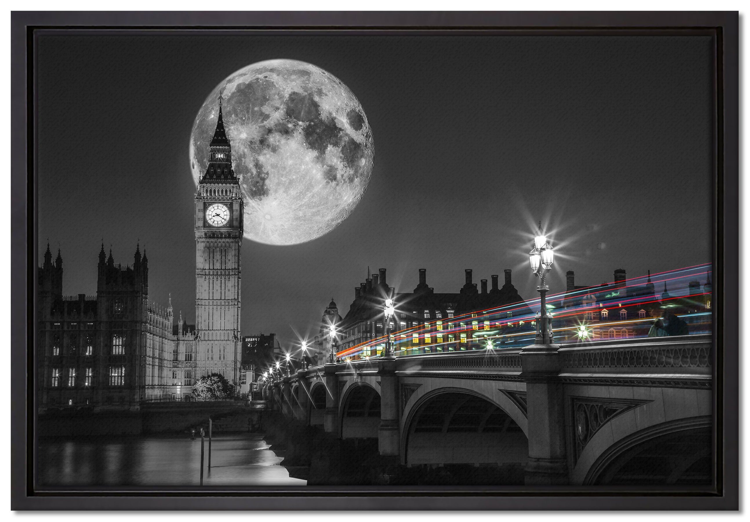 Pixxprint Leinwandbild Big Ben mit Mond London, Wanddekoration (1 St), Leinwandbild fertig bespannt, in einem Schattenfugen-Bilderrahmen gefasst, inkl. Zackenaufhänger