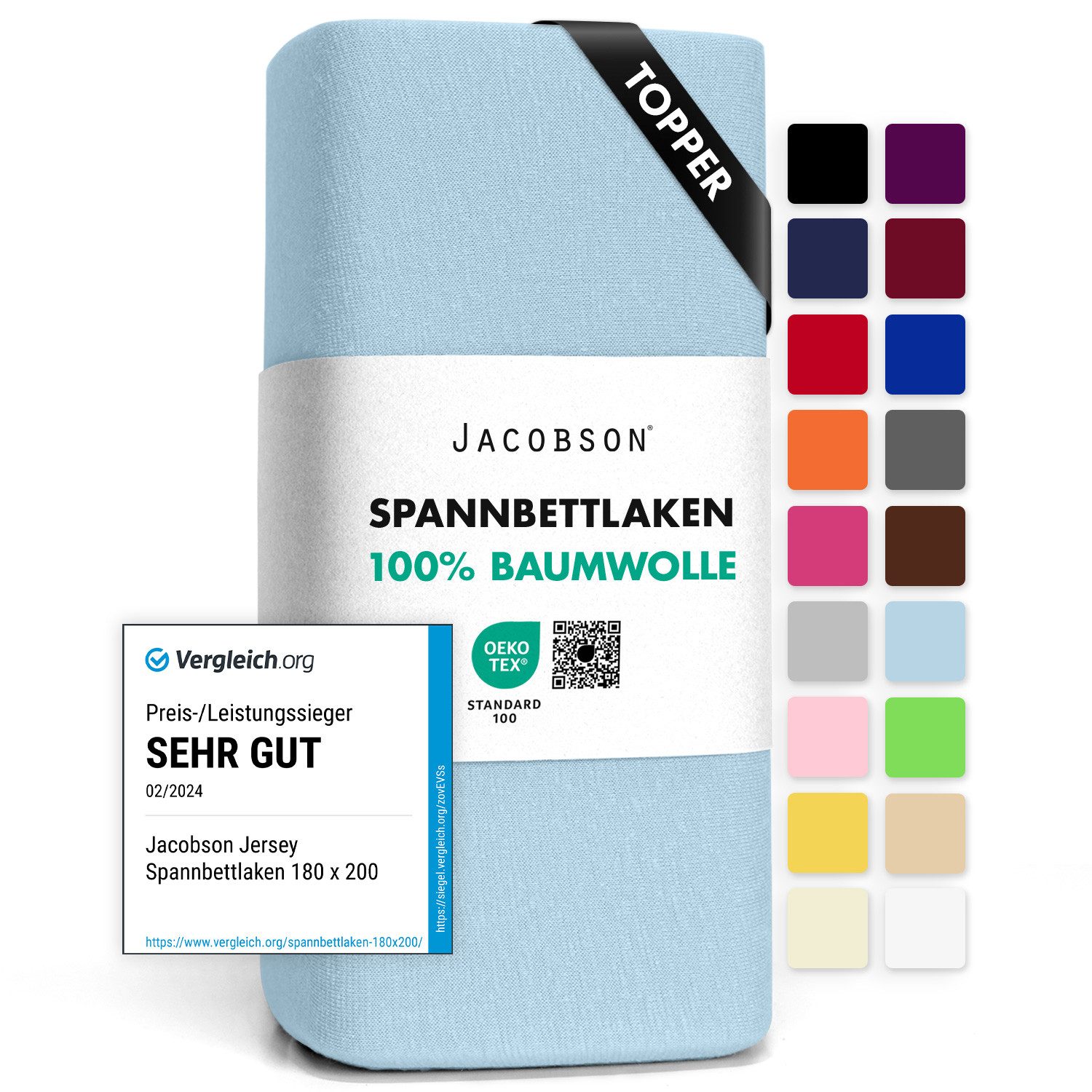 Jacobson Spannbettlaken TOPPER aus 100% Baumwolle, Jersey Bettlaken 160 g/m², Spannbetttuch mit Gummizug, pflegeleicht & viele Farben