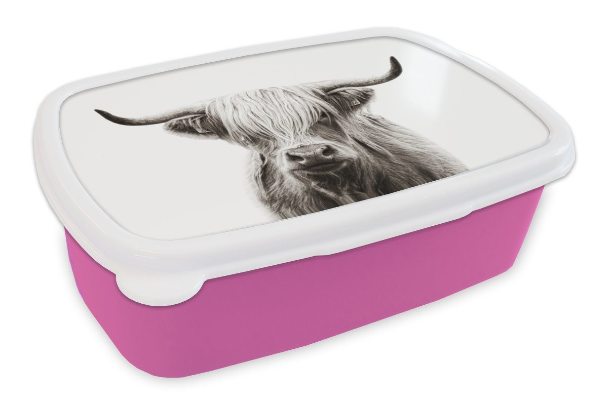 Lunchbox Snackbox, Schottischer Schwarz für Brotbox Mädchen, Kunststoff Weiß, Highlander - - - MuchoWow Kuh Kunststoff, rosa Kinder, Erwachsene, Brotdose (2-tlg),