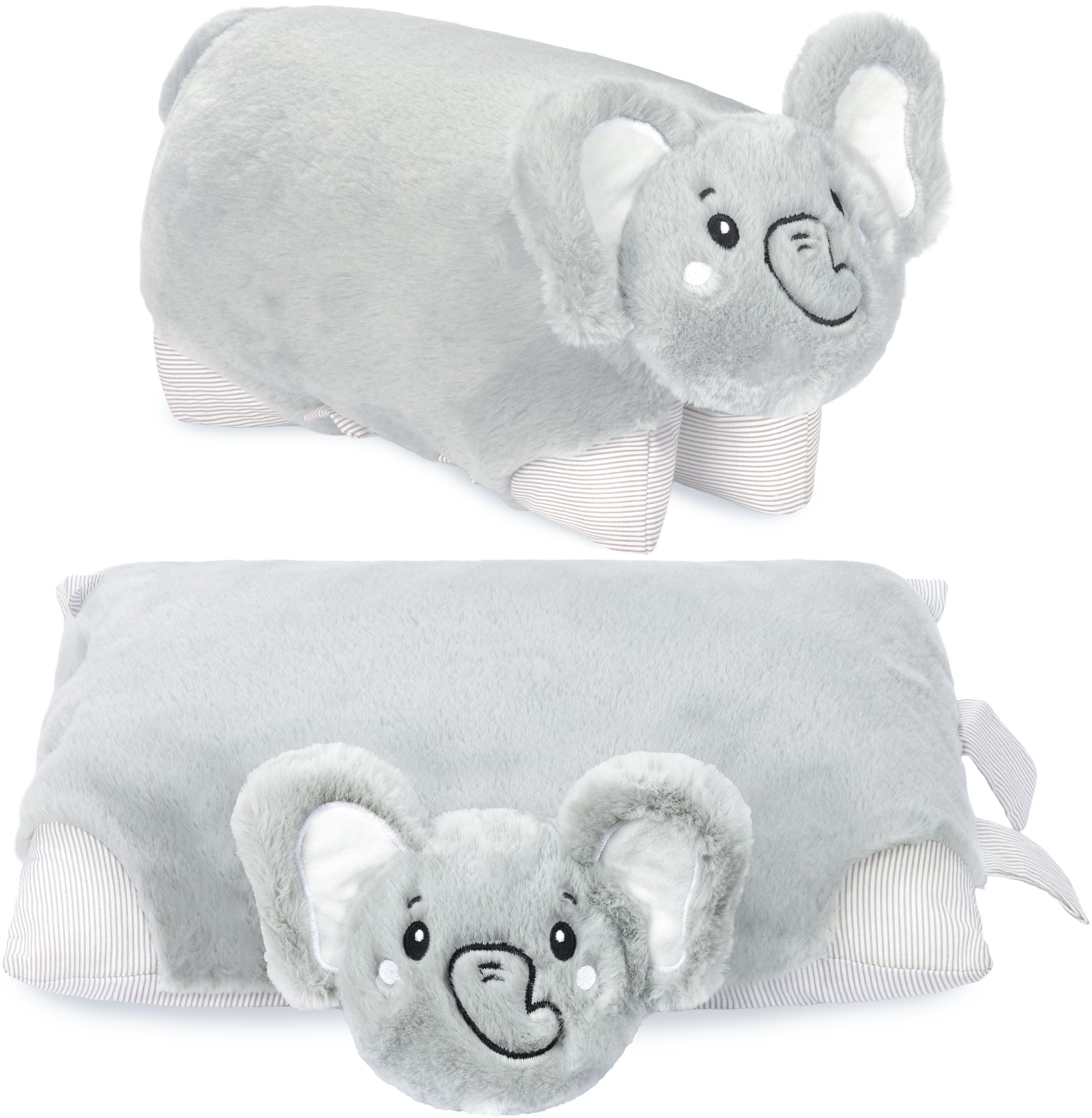 BRUBAKER Kuscheltier Kuscheltierkissen Elefant - 2 in 1 Plüschtier und Kissen (Niedliches Tier Kuschelkissen - Grau, 1-St., 40 x 30 cm, Elefantenkissen), aufklappbares Kinder Plüschkissen mit Klettverschluss