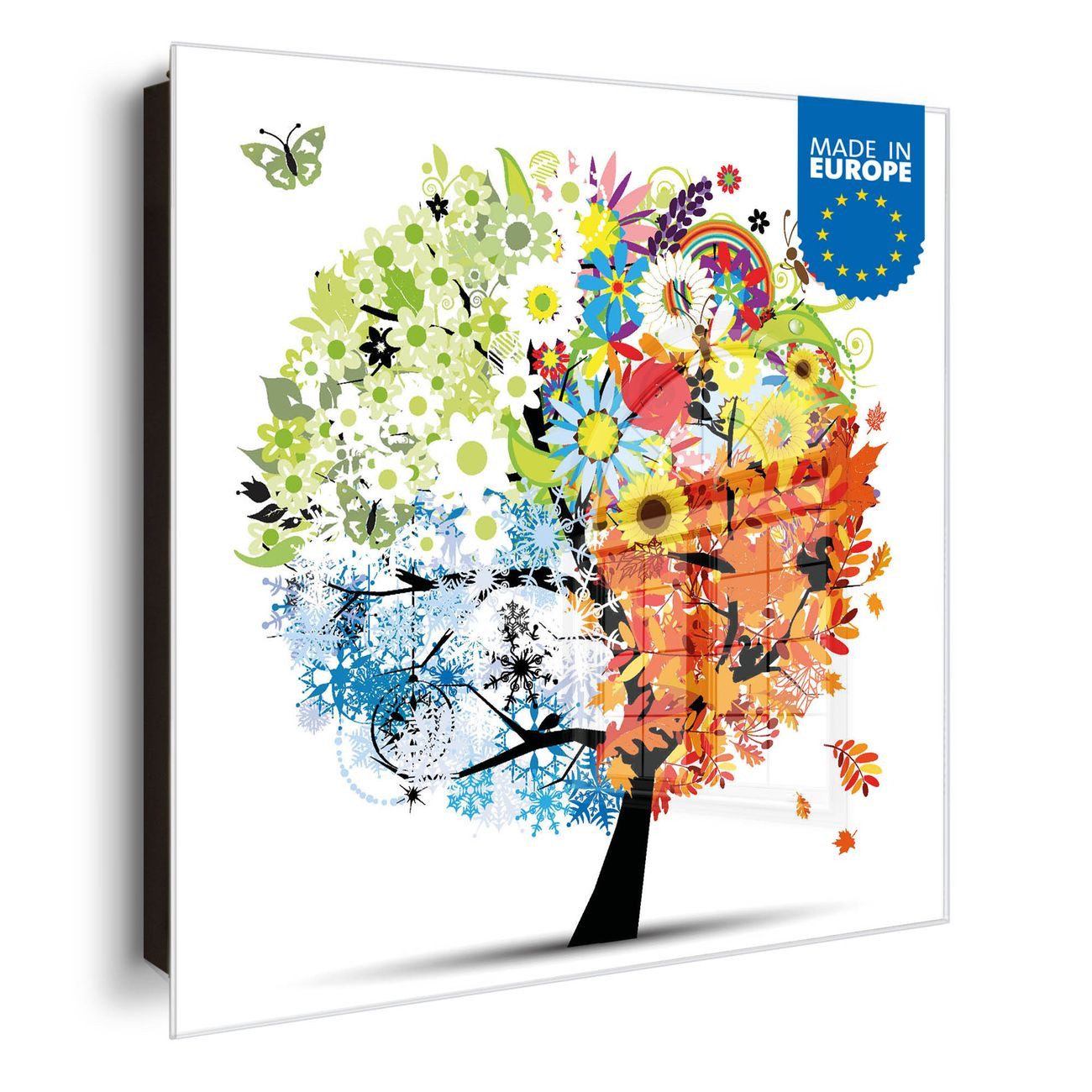 banjado Schlüsselkasten aus Glas mit Motiv Vier Jahreszeiten (Stahl Gehäuse, mit 50 Haken, beschreibbar & magnetisch), 30 x 30 x 5 cm