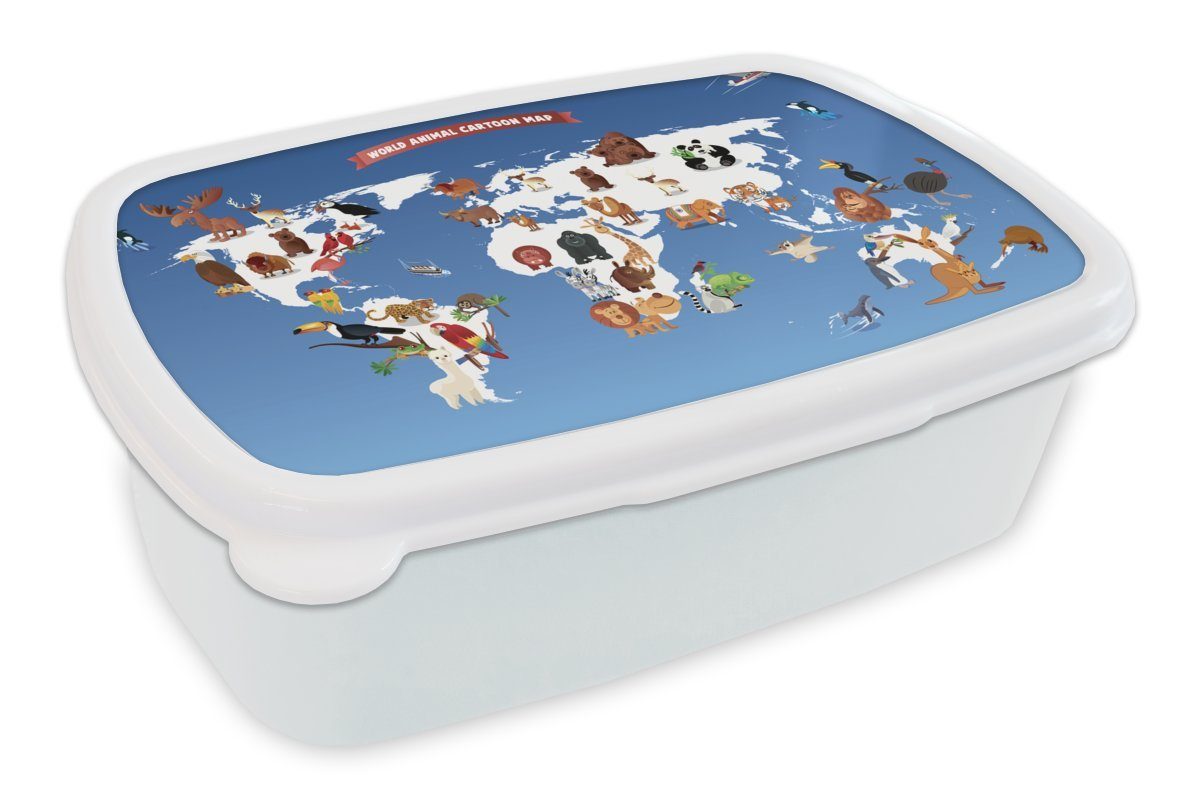MuchoWow Lunchbox Weltkarte für Kinder Jungs - Erde, Kinder - Brotdose, Brotbox Erwachsene, und für Mädchen Kunststoff, Tiere weiß (2-tlg), und