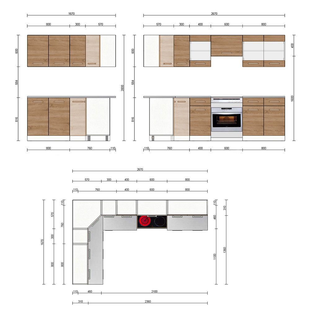 Vicco Winkelküche Rick, Anthrazit/Goldkraft Eiche, 267 x 167 cm, AP Schwarz