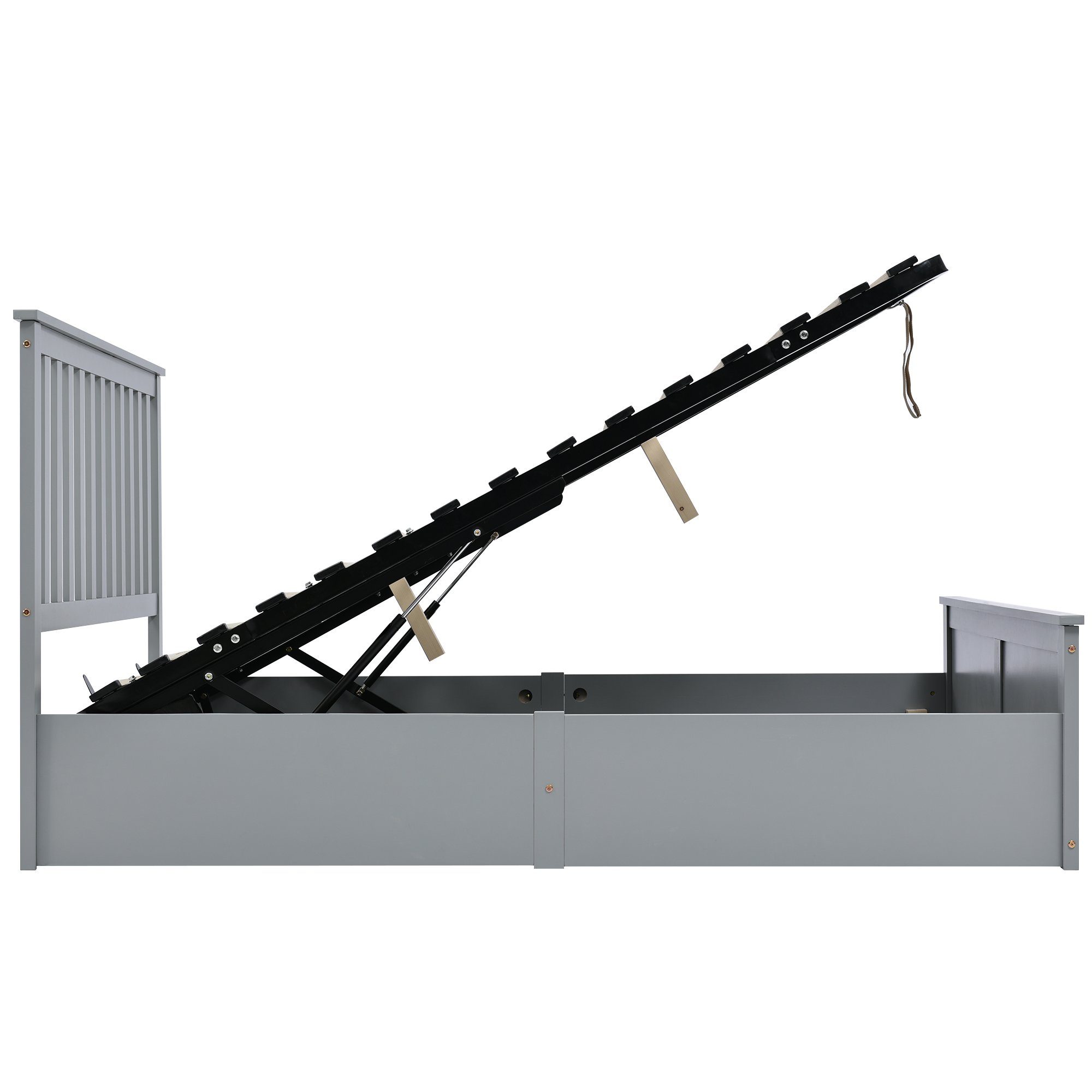 Massivholzbett (Stauraumbett hydraulisch Doppelbett), mit Lattenrost, Kopfteil und Bettkasten, Kiefer, 140x200cm