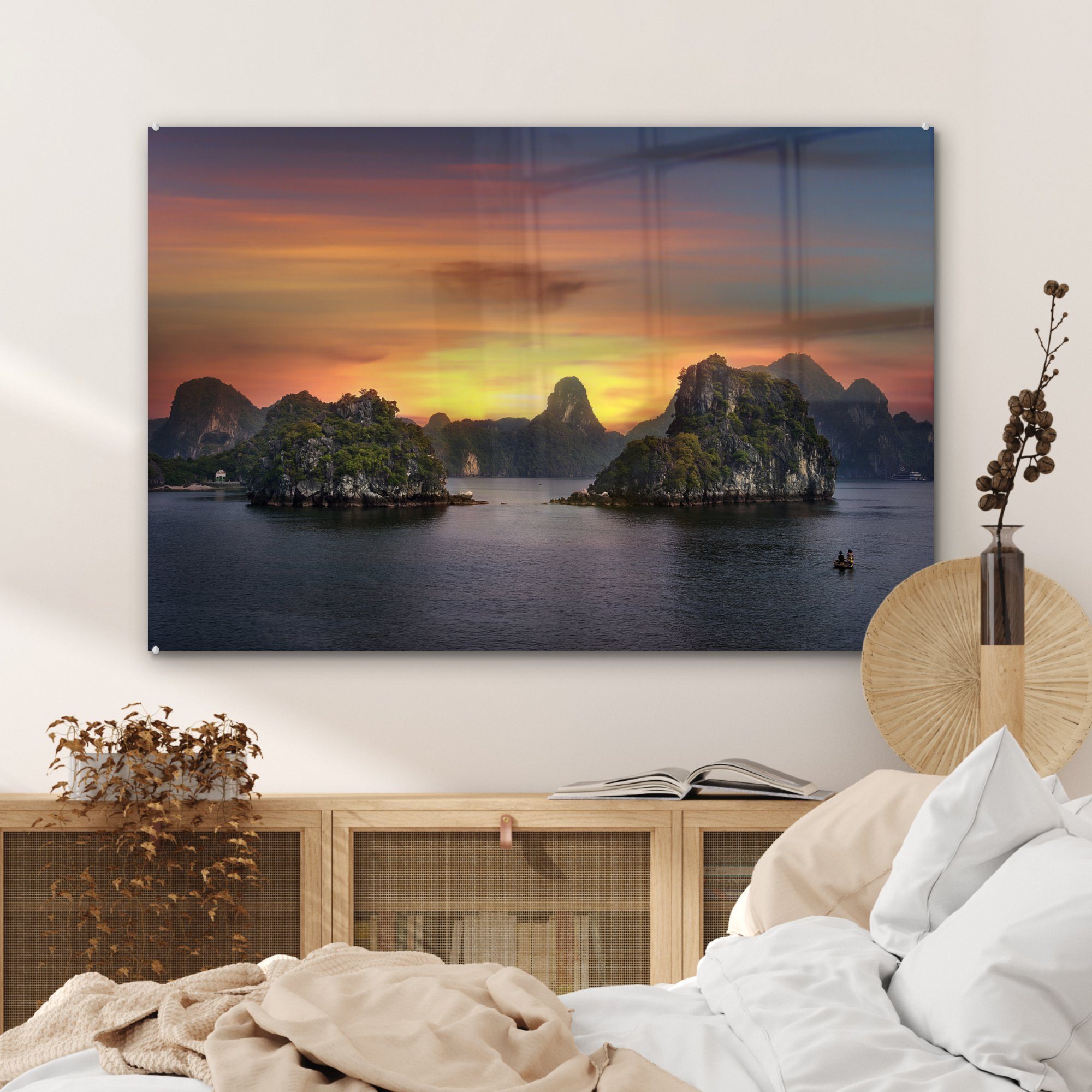 Acrylglasbilder Wohnzimmer der in Acrylglasbild MuchoWow & Schlafzimmer (1 Sonnenuntergang Halong-Bucht, St),