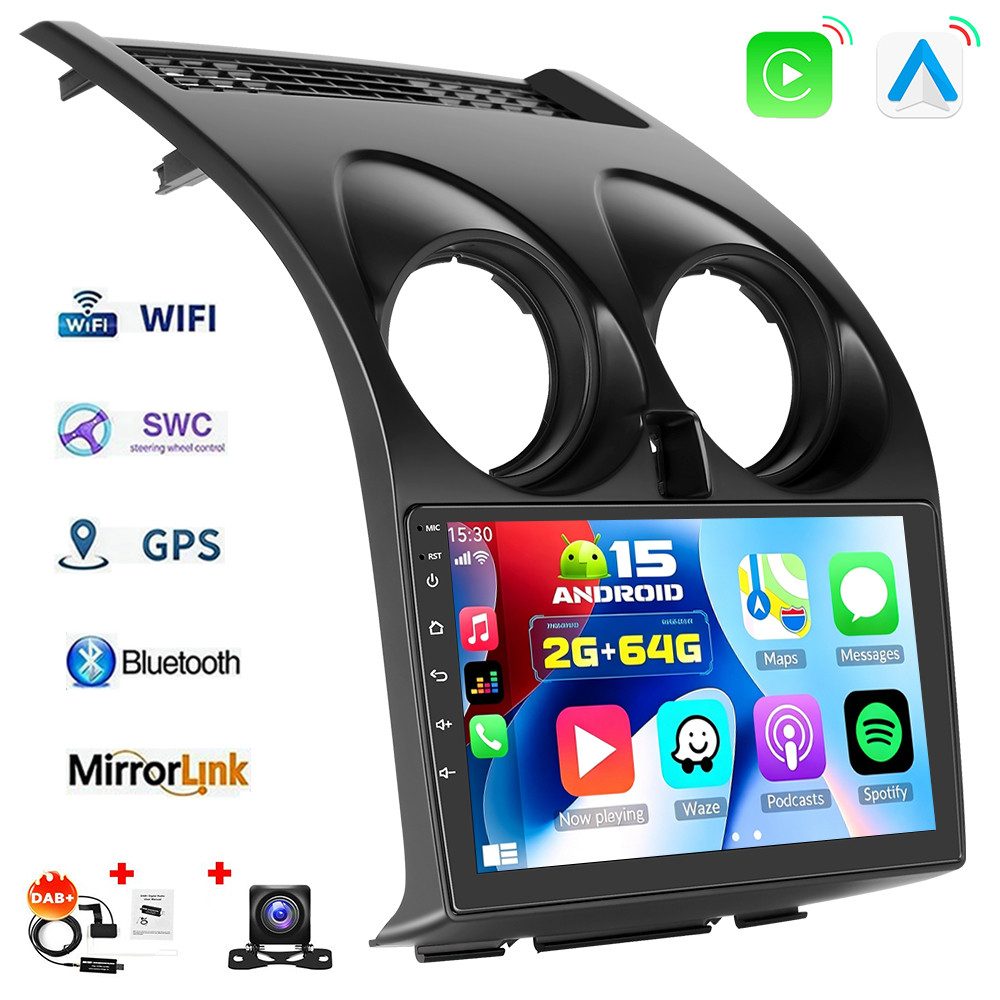 ESSGOO DAB+ Carplay Für Nissan Qashqai J10 2007-15 GPS Navi Android 15 FM RDS Autoradio (4+64GB(optional), FM, AM, DAB+ (optional), Carplay Android Auto Bluetooth EQ USB GPS Navi WIFI Touchscreen)