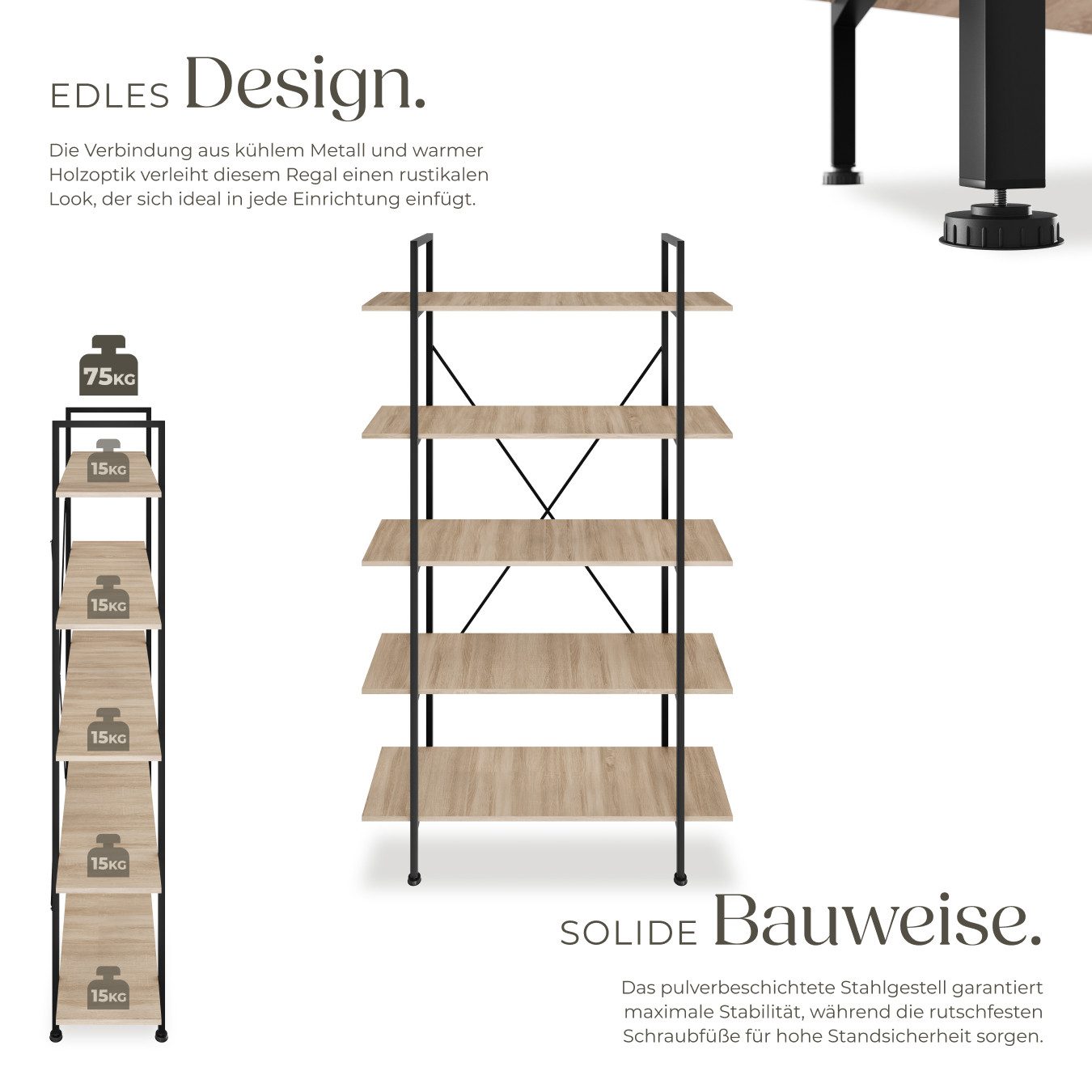 tectake Bücherregal Standregal, inklusive Kippschutz, 106 x 34,5 x 179,5 cm, Holzregal Glasgow 1-tlg., mit 5 Ebenen, mit höhenverstellbaren Kunststofffüßen