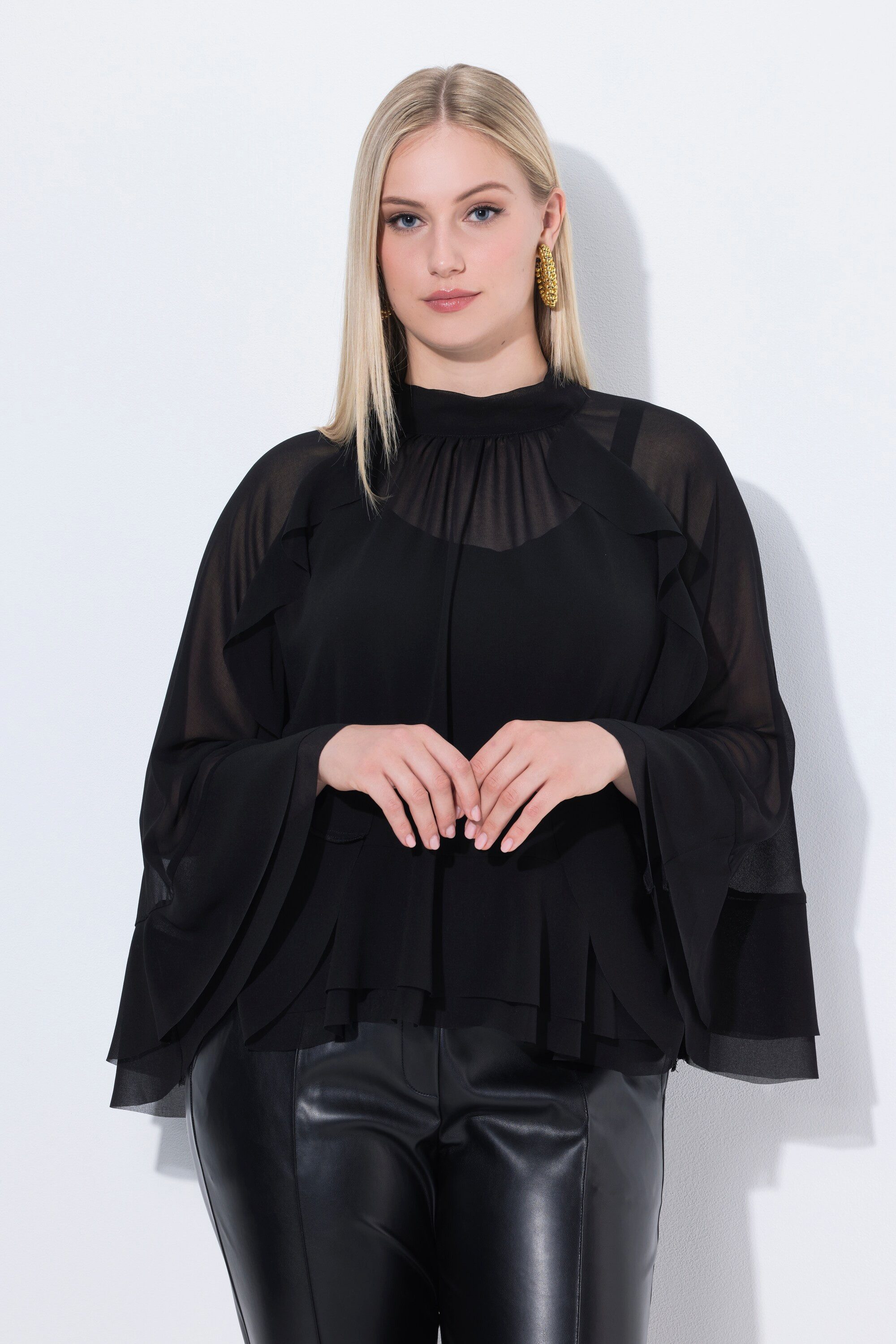 Ulla Popken Longbluse Cape-Bluse Chiffon Stehkragen günstig online kaufen