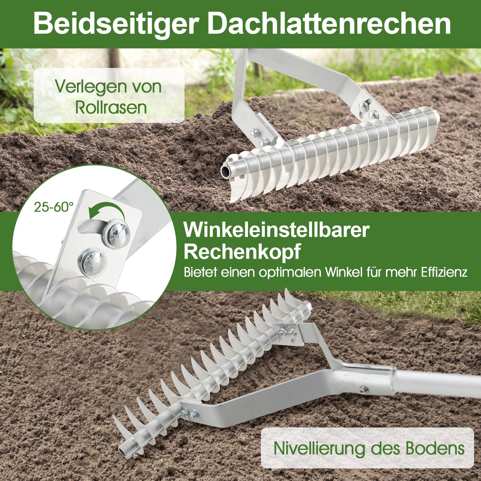 COSTWAY Gartenrechen, 50cm breiter Aluminium-Rasenrechen mit 19 Zinken