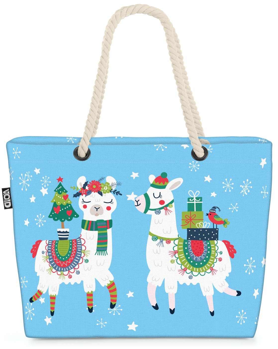 VOID Strandtasche (1-tlg), Lamas Weihnachten blau Beach Bag Lamas Winter Weihnachten Mexiko Christbaum Tan