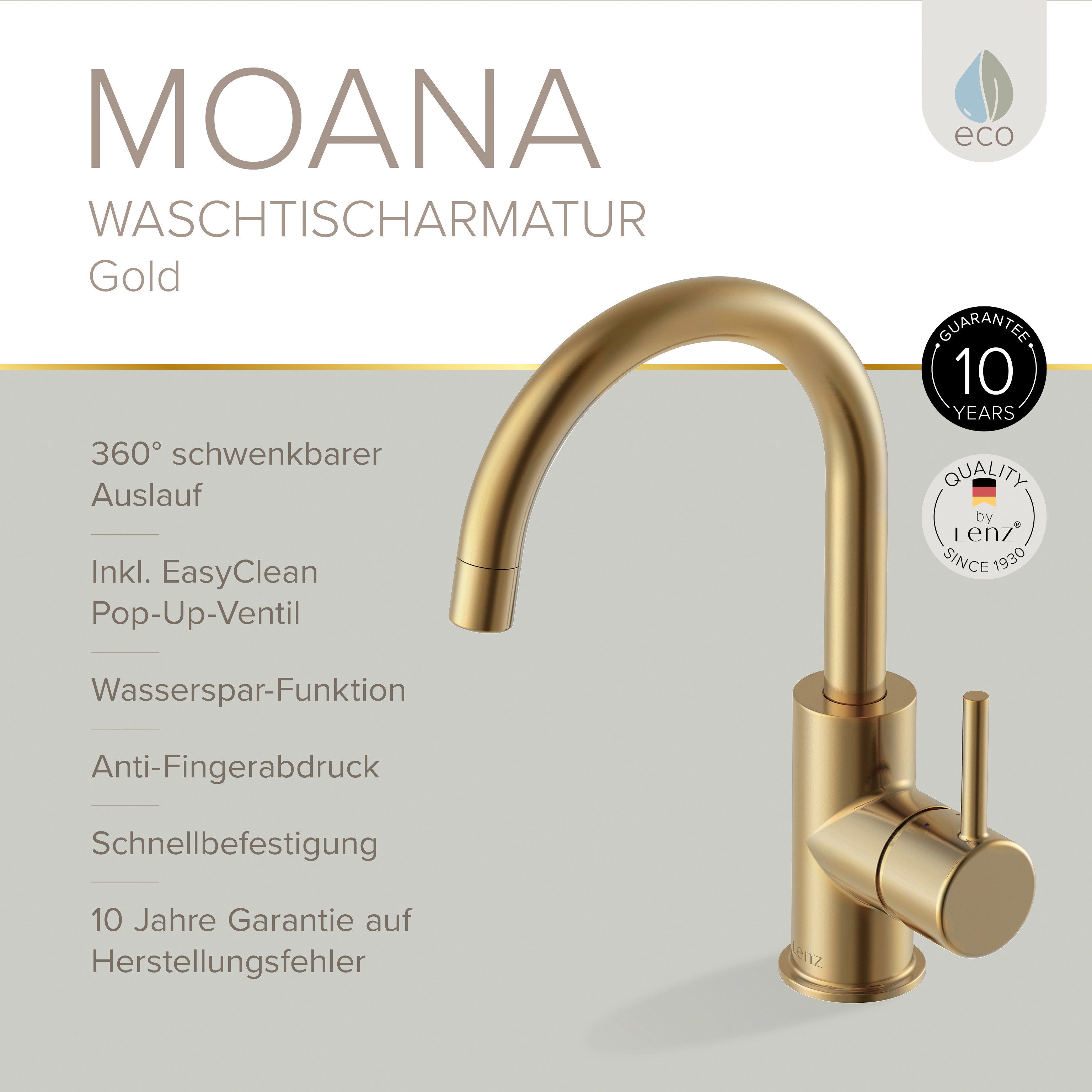 Lenz Waschtischarmatur MOANA Badarmatur mit Pop-Up-Ventil (Armatur mit Pop-Up-Ventil)