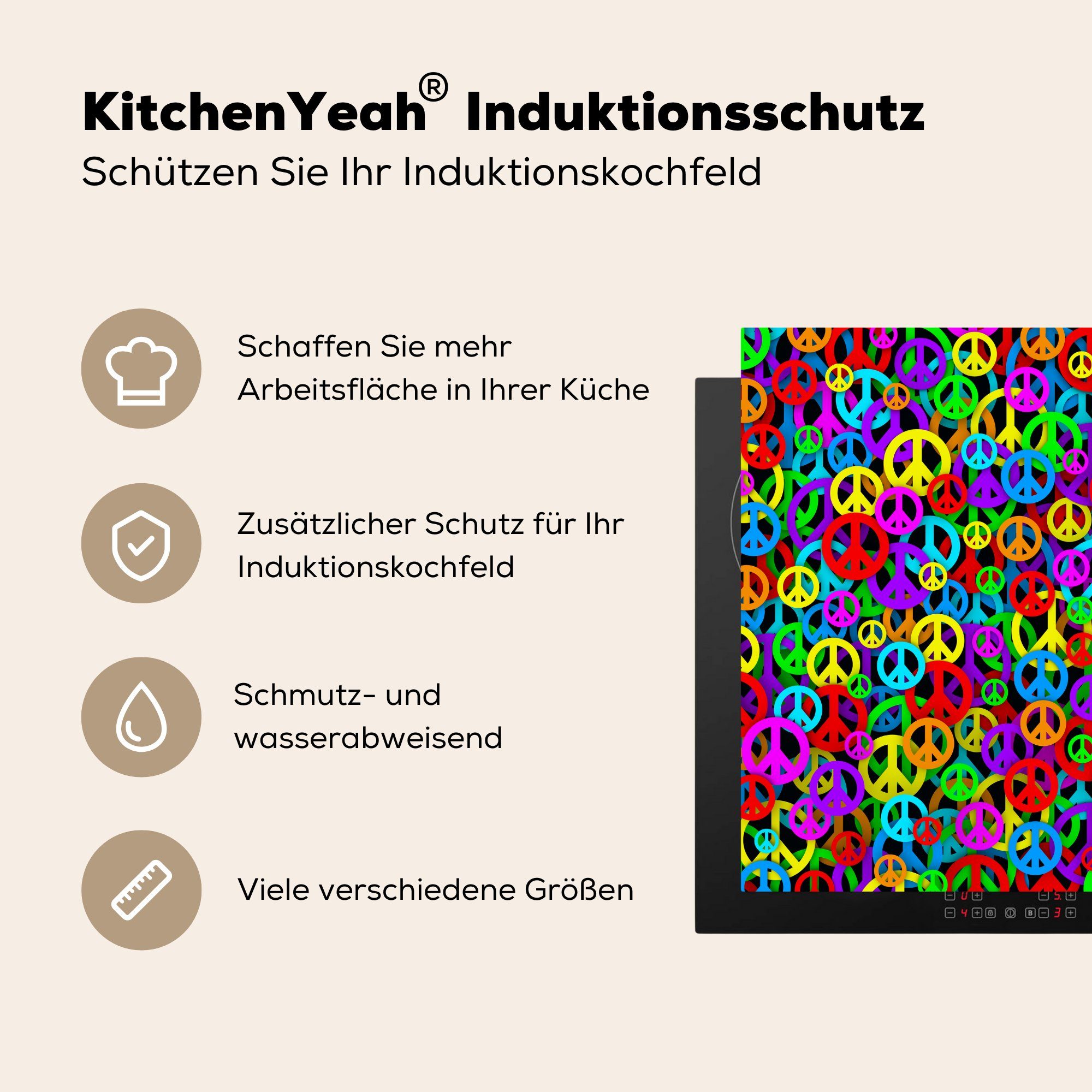 MuchoWow Herdblende-/Abdeckplatte Blumenkraft Arbeitsplatte - farbige (1 Friedenszeichen, küche Ceranfeldabdeckung, für tlg), 78x78 cm, Vinyl