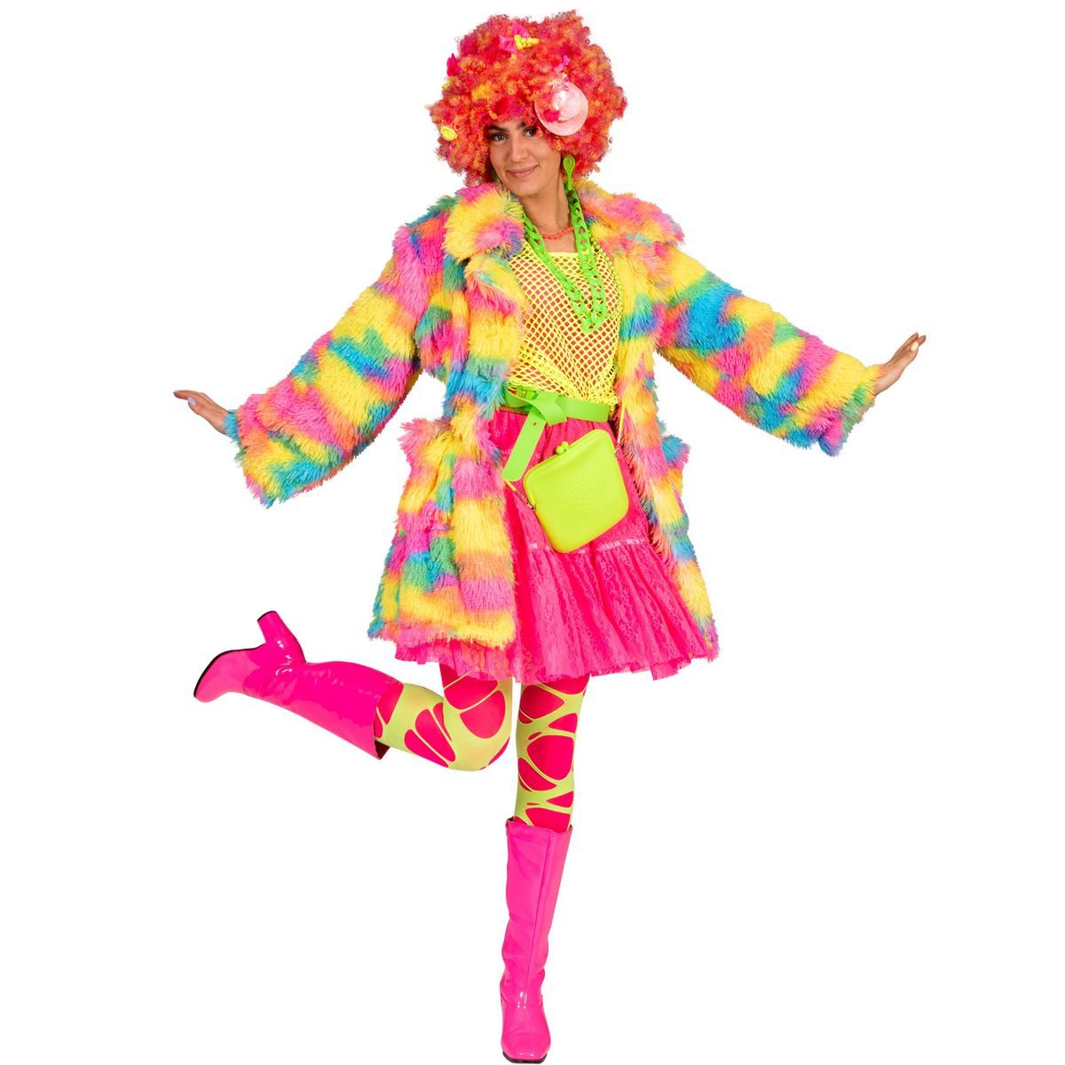 Funny Fashion Kostüm 90er Jahre Fluffy Rainbow Jacke Disco Bird für Damen