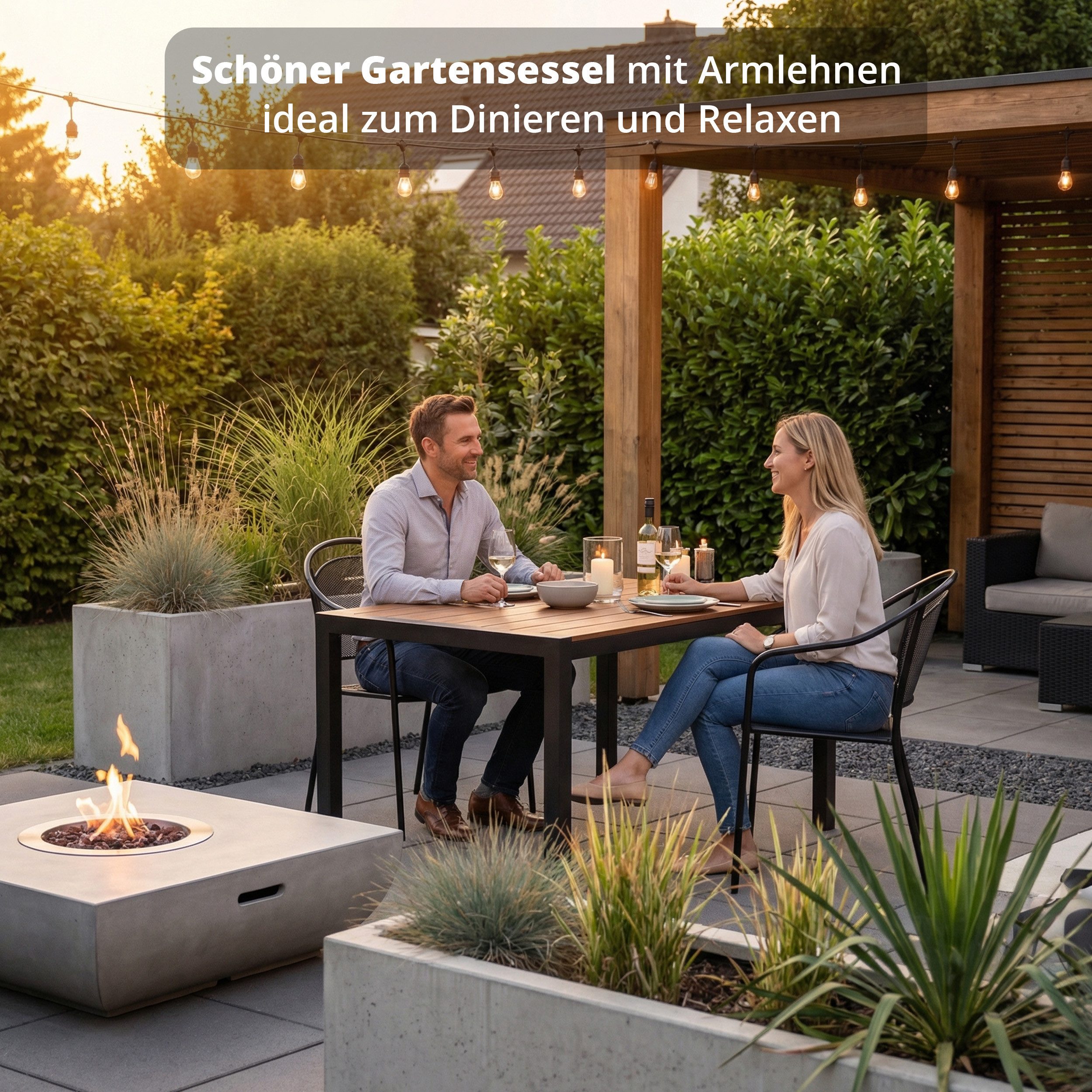 KHG Gartenstuhl mit Armlehnen & Gittergeflecht Anthrazit, bis 150 kg belastbar, aus Stahl mit E-Coating-Beschichtung, bis 150 kg belastbar, stapelbar – Bild 3 von 5