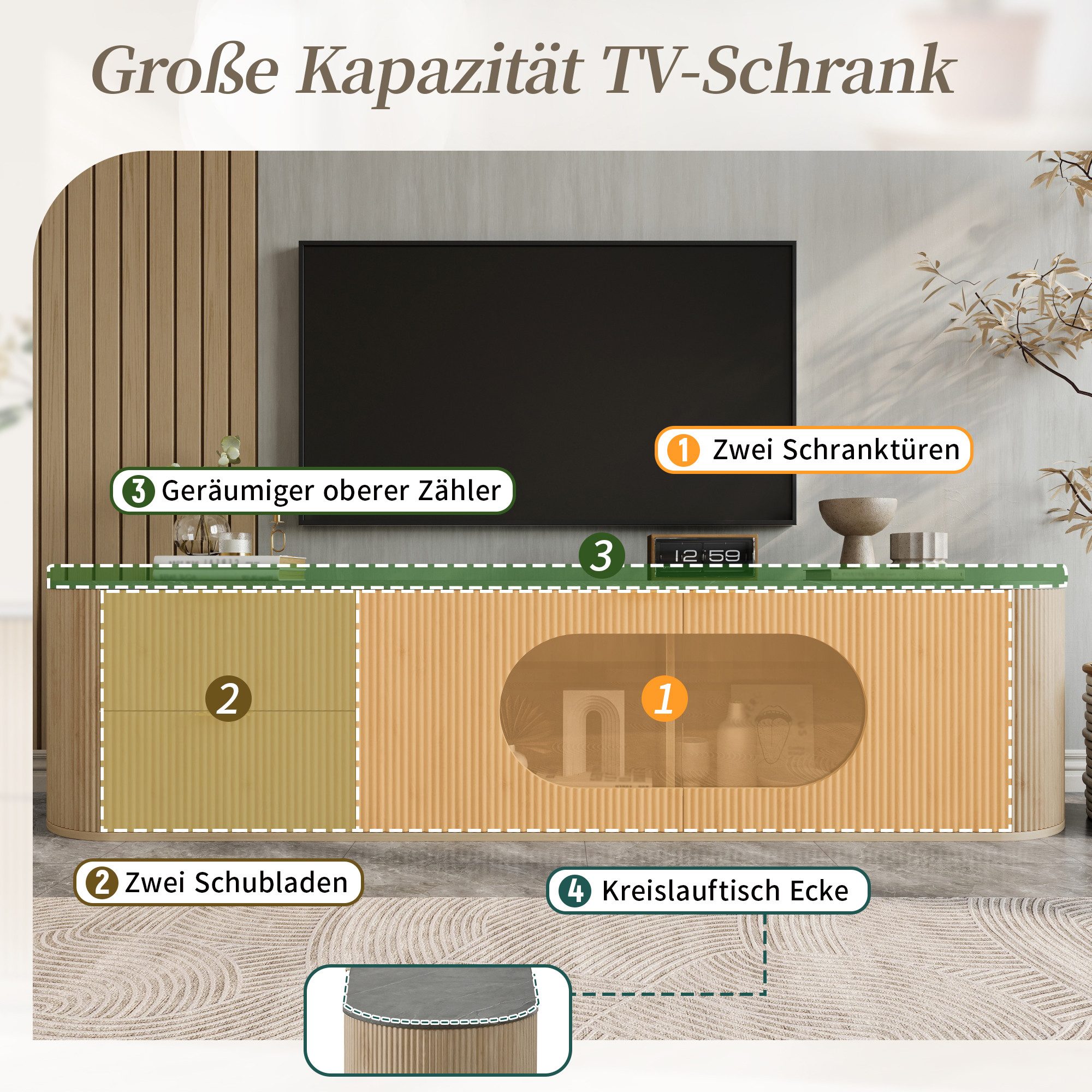 Odikalo Lowboard TV-Schrank mit Schubladen vertikalen 3D-Streifen, Holzoptik (Schranktüren mit vertikalen 3D-Streifen, Ovaler Vitrinenschrank aus grauem Glas, M – Bild 4 von 5
