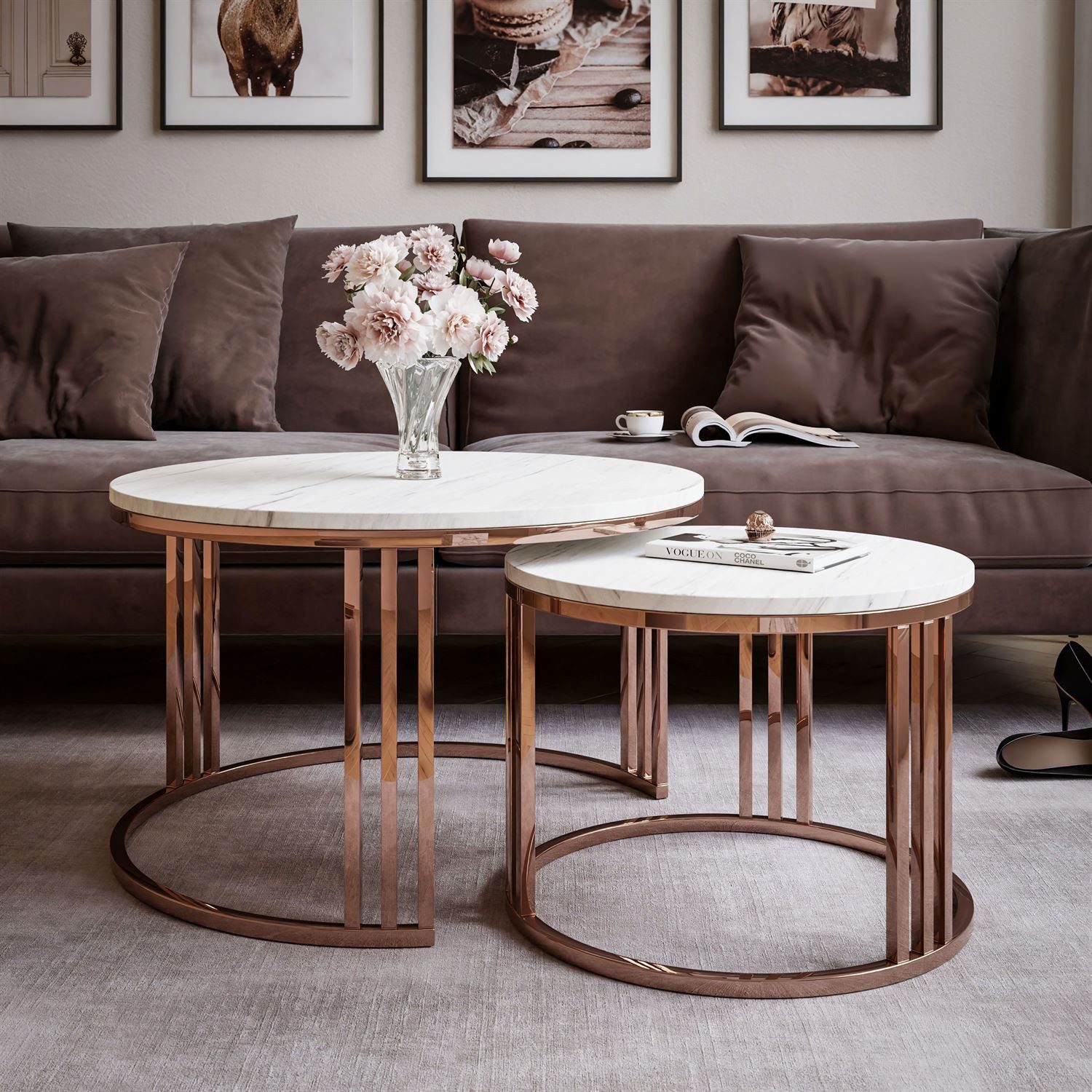 Lookway Couchtisch LORI 2in1 Couchtisch-Set in dem mattes Design mit Kupfergestell (2er Set), Durchmesser: ⌀70 cm und ⌀50 cm