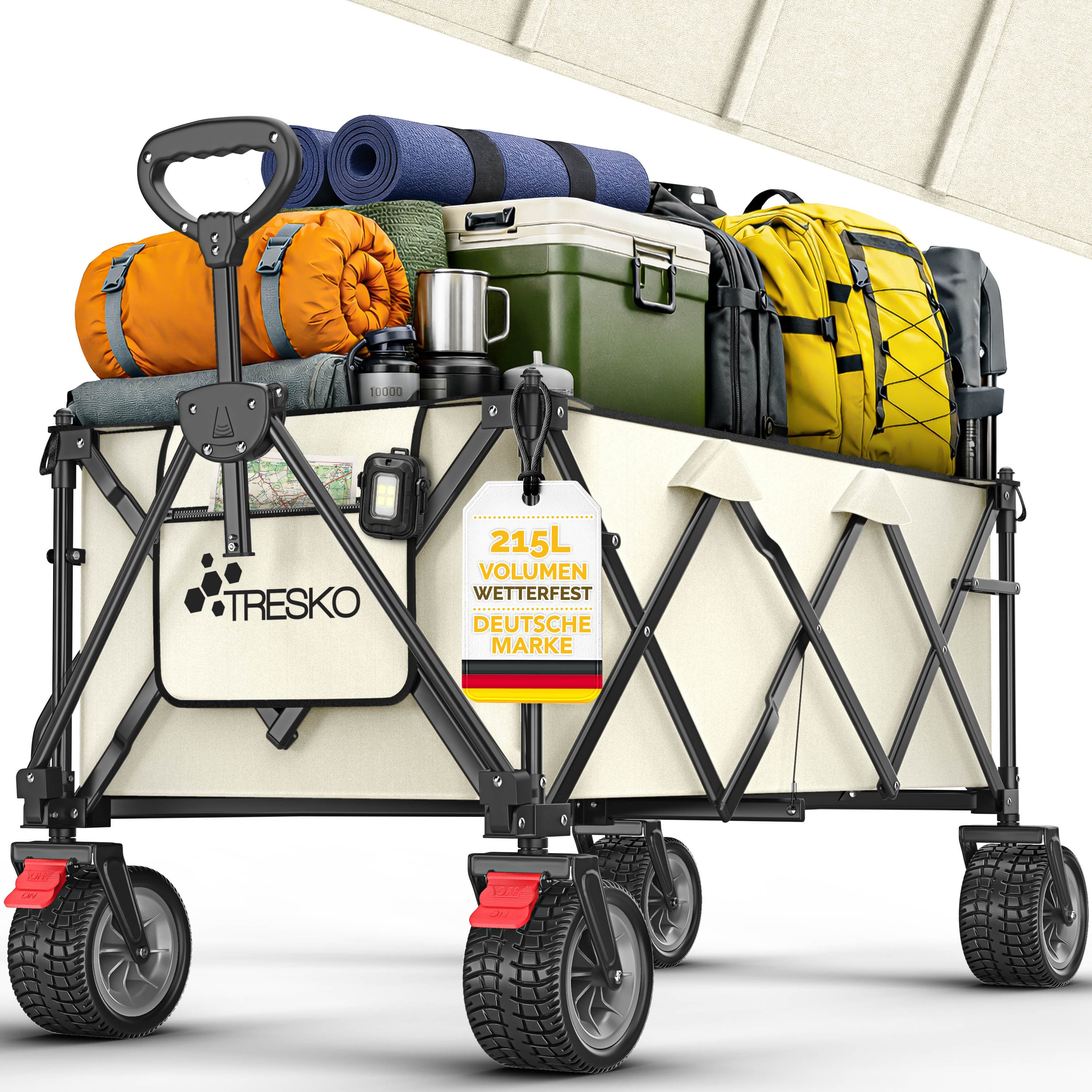 TRESKO Bollerwagen TRESKO® GV-215 Faltbarer Bollerwagen Handwagen (Faltbarer Strandwagen Extra Breite All-Terrain-Räder, Transportwagen mit Tragetasche), faltbar 215L mit Bremse Handwagen klappbar 150kg inkl. Vollgummireifen