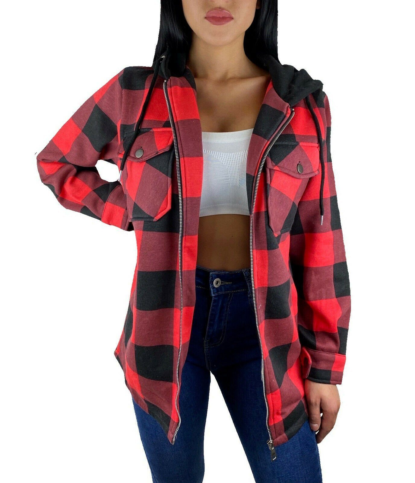 Worldclassca Flanellhemd Worldclassca DAMEN HEMDJACKE KARIERT MIT KAPUZE HOLZFÄLLERHEMD (1-tlg) OVERSIZED HOODIE KAROHEMD BLOGGER XS-XL