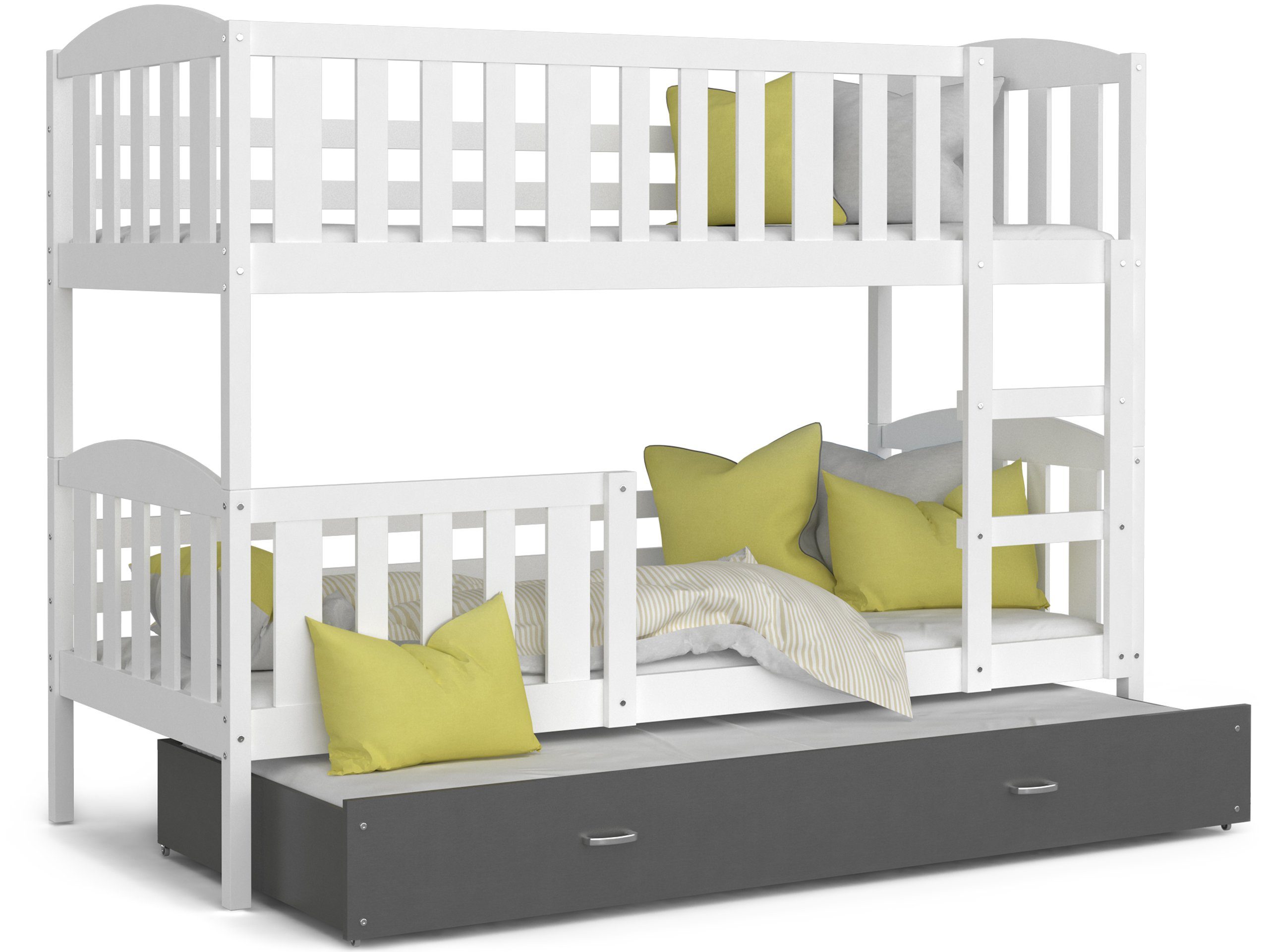 Bett Kinderbett Weiß Sicherheitsbarriere, Massivholz, und Schaummatratzen), Möbelplatte Rupert Grau Lattenrost, (Flexibler Schublade, Siblo