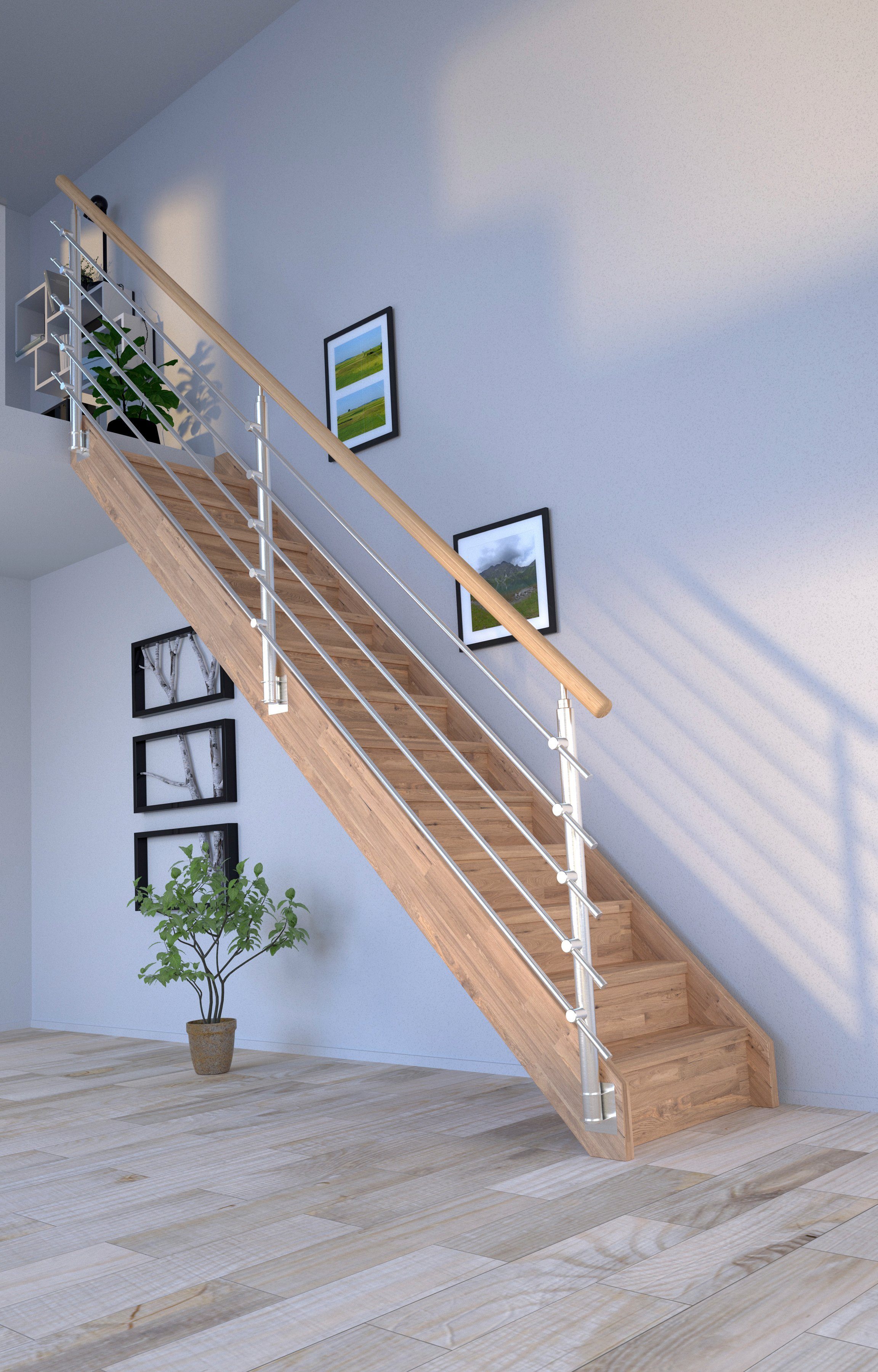Starwood Systemtreppe Massivholz Mykonos, Design-Geländer Edelstahl, für Geschosshöhen bis 280 cm, Stufen geschlossen, Durchgehende Wangenteile