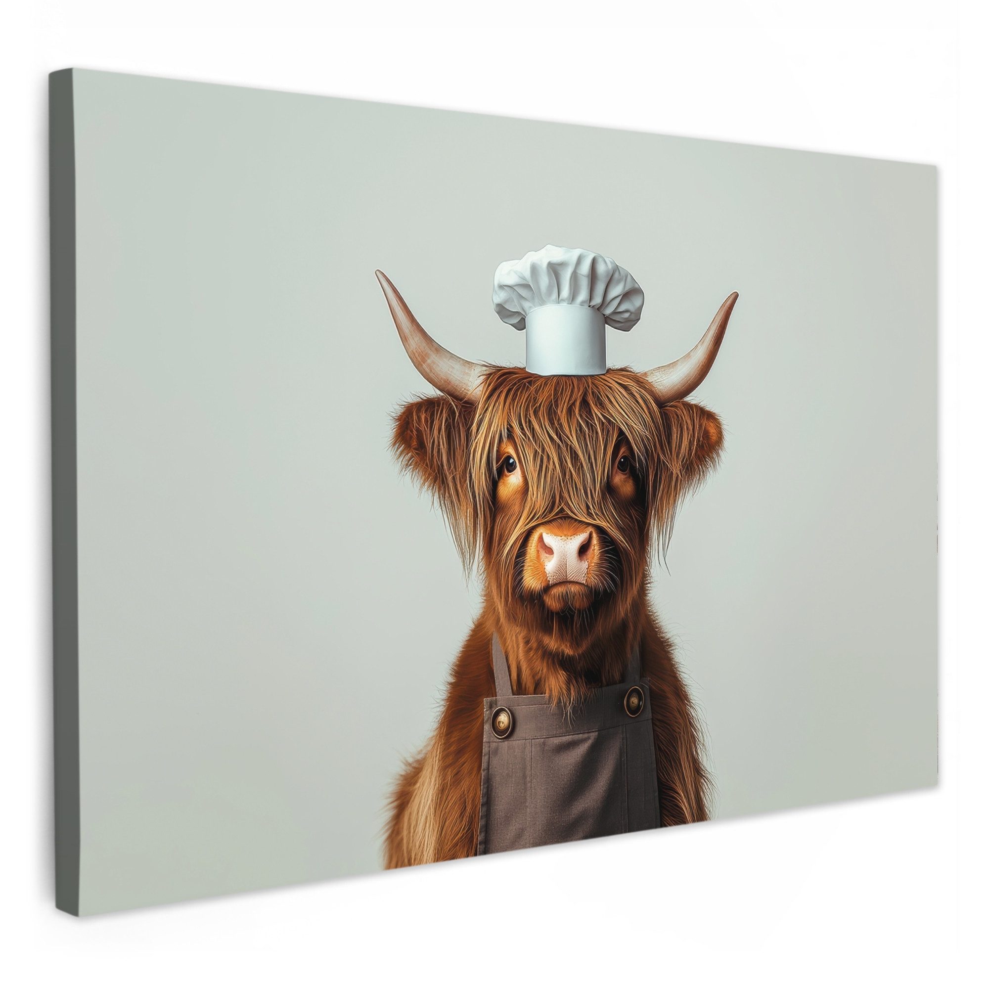 OneMillionCanvasses® Leinwandbild Schottischer Highlander - Braun - Hörner - Kochkleidung, Fotodruck (1 St), Küchenbilder Modern, Deko Bilder für die Küche 30x20 cm
