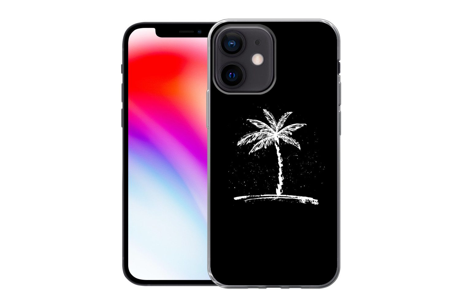 MuchoWow Handyhülle für Apple iPhone 12 mini Palme - Weiß - Schwarz - Tropisch, Smartphone-Bumper, Print, Handy Schutzhülle Dünn