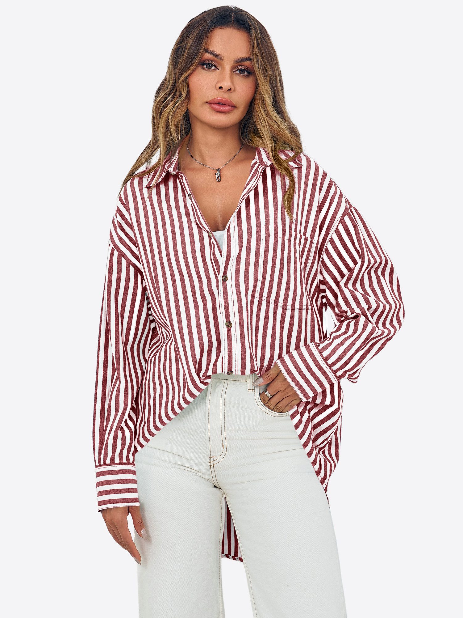 Imily Bela Blusenshirt Damen Übergroße gestreifte Button-Down-Hemden (Packung, 1-tlg., 1per-Pack) Streifen – Bild 3 von 5