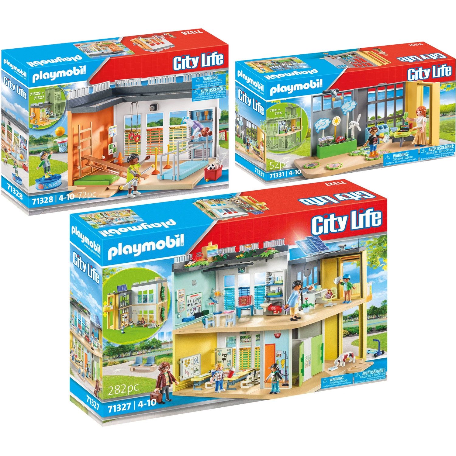 Playmobil® 71327-28-31 3er-Set Große Schule + Turnhalle + Klimakunde Konstruktions-Spielset