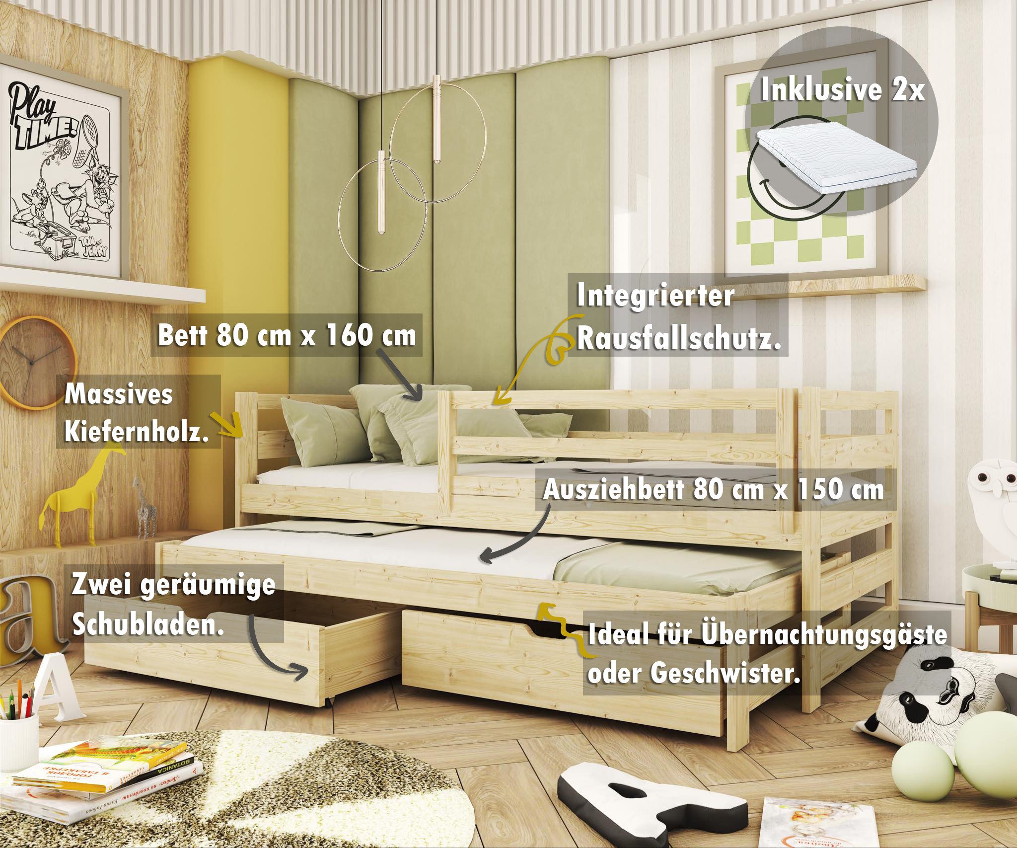 thematys Kinderbett mit Ausziehbett, in Weiß oder Natur mit Rausfallschutz günstig online kaufen