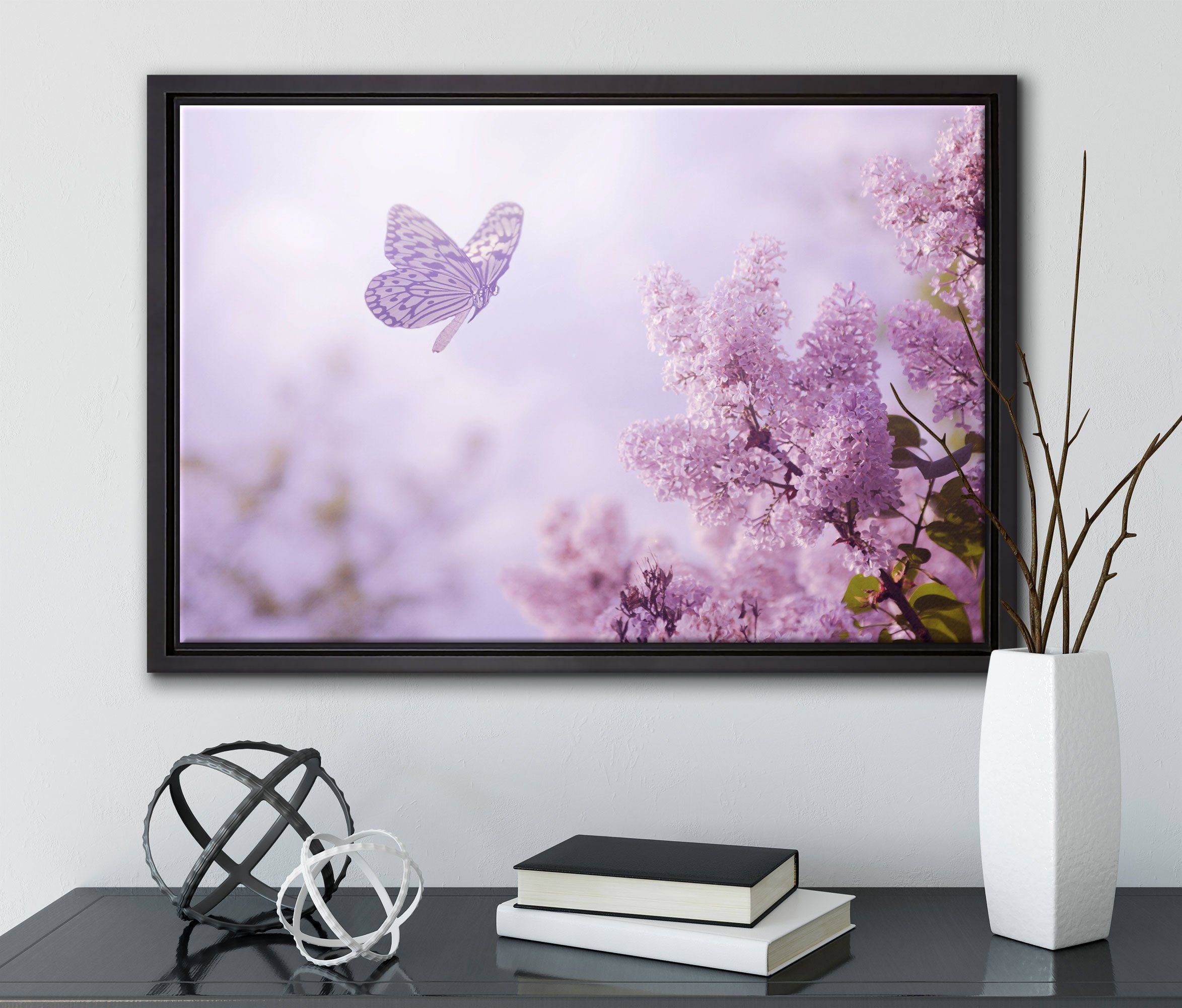 Kirschblüten, Schmetterling Zackenaufhänger St), Leinwandbild in Schattenfugen-Bilderrahmen (1 inkl. gefasst, bespannt, Leinwandbild Wanddekoration einem Pixxprint fertig
