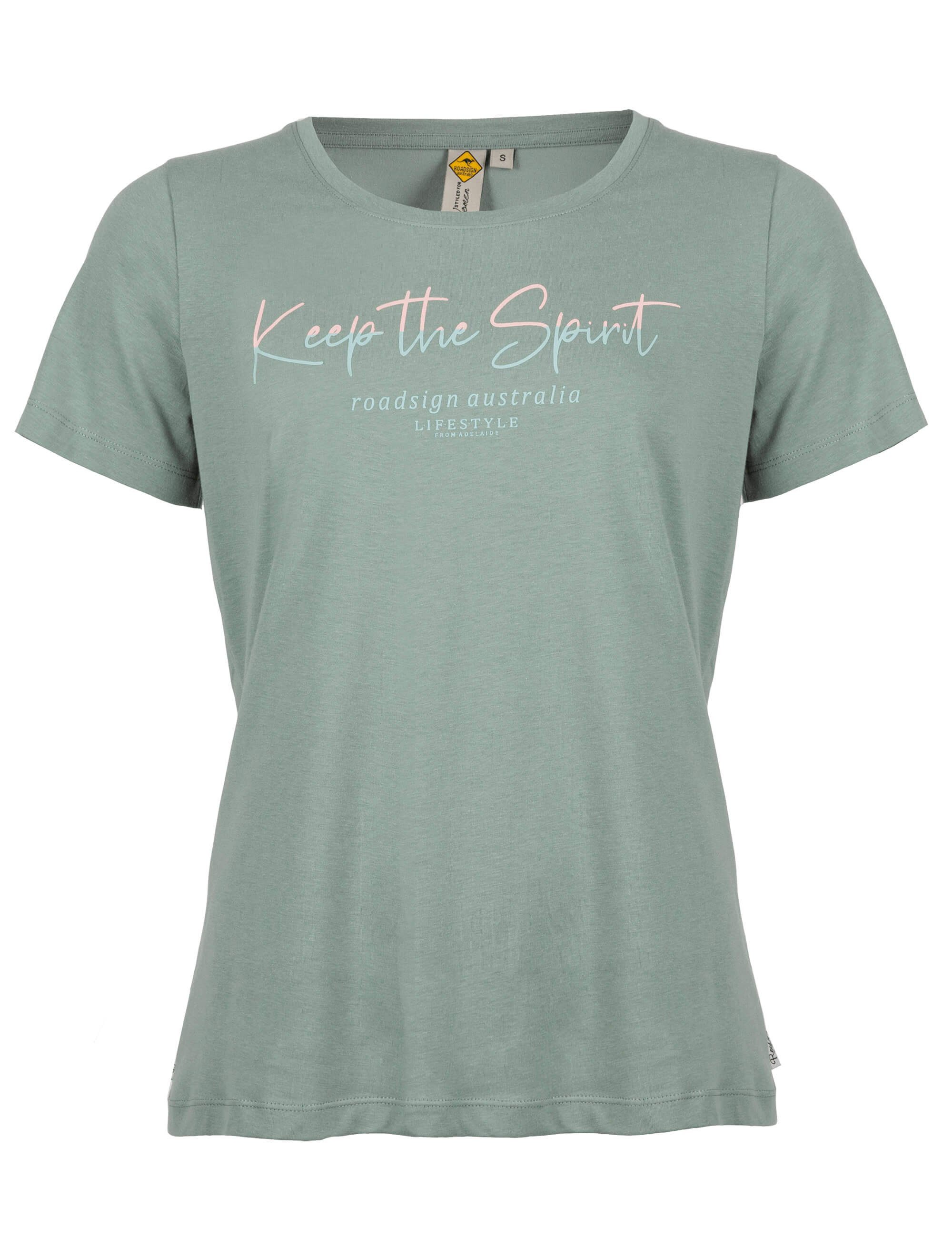 ROADSIGN australia Baumwolle mit % the Spirit Keep Rundhalsausschnitt salbei Logo-Print, T-Shirt (1-tlg) & 100