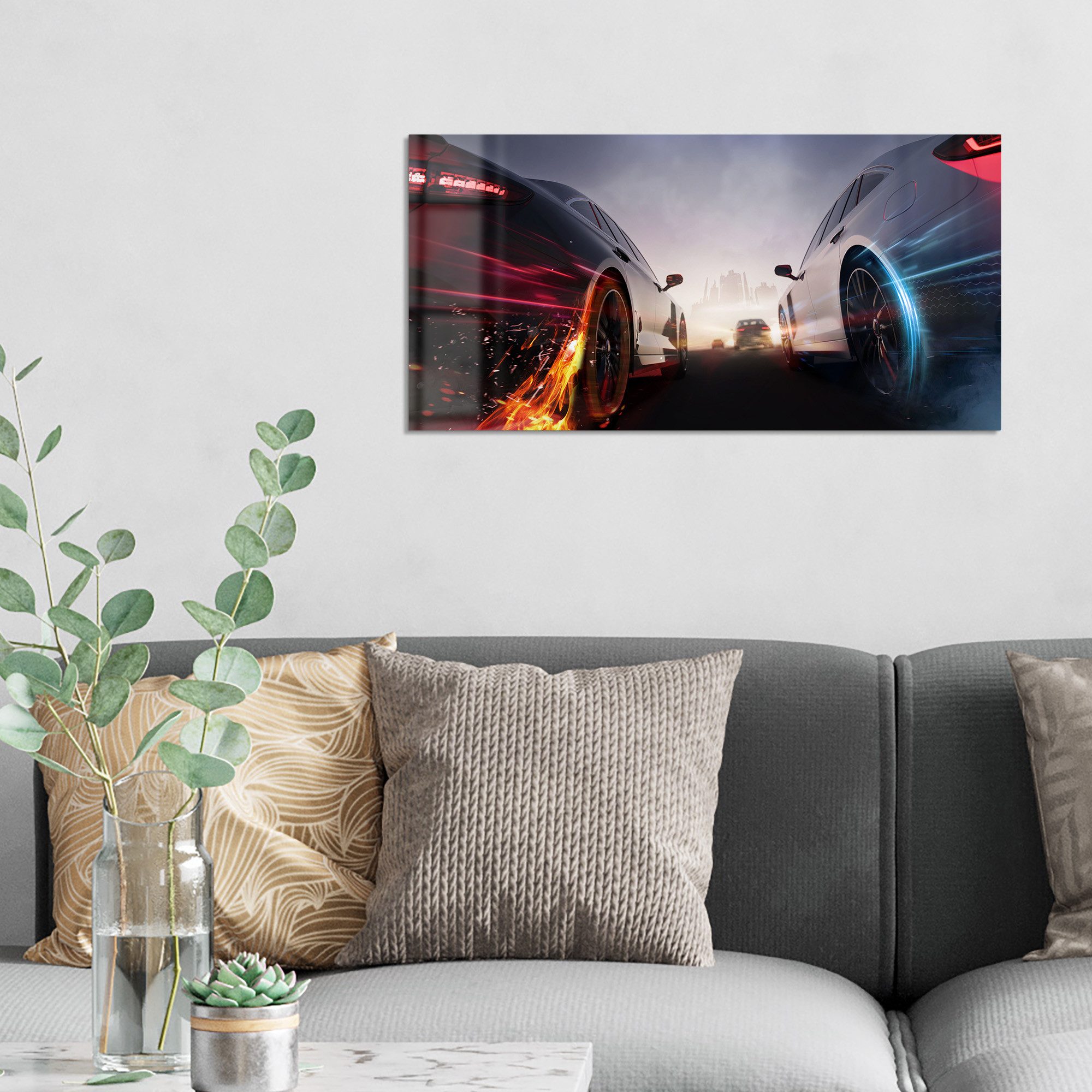 DEQORI Glasbild 'Rennen im Neonlicht', 'Rennen im Neonlicht', Glas Wandbild Bild schwebend modern