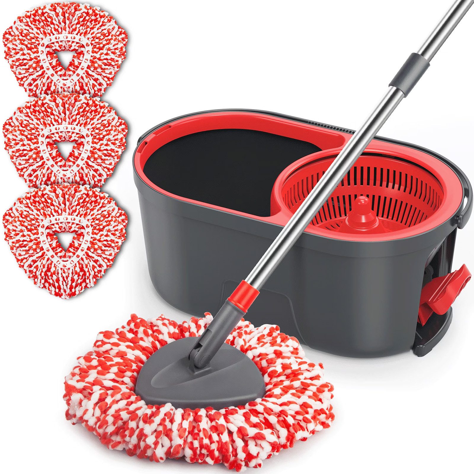 HUGERSTONE Wischmopp-Set mit 3 Mikrofaser Moppköpfe und Putzeimer mit Pedal-Powerschleuder, (Bodenwischer Set mit 180° Drehbarer Kopf und Teleskopstiel), bis zu 132 cm, Geeignet zur Reinigung aller Arten von Hartböden