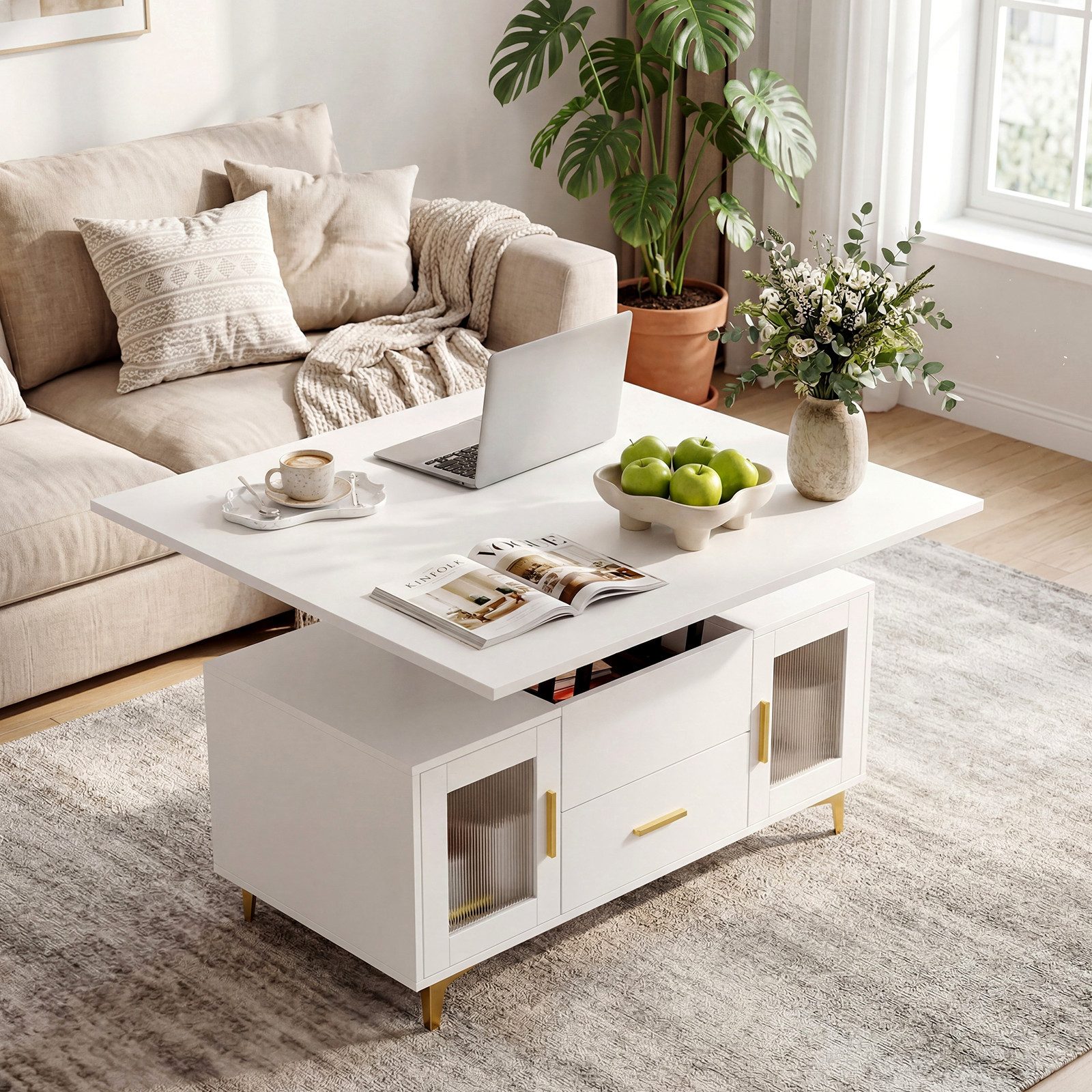 VOWNER Couchtisch Höhenverstellbarer 3-in-1-Couchtisch mit Schublade und Stauraum (1-St), umwandelbar in Esstisch, Weiß
