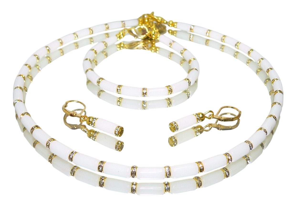 traumschmuck Collier 328c 3er Schmuckset Halskette Armband Ohrringe Jade style weiß Strass (3 tlg. Schmuckset, Halskette, Armband, Ohrringe, incl. Schmuckbox), handgefertigt, Made in Germany