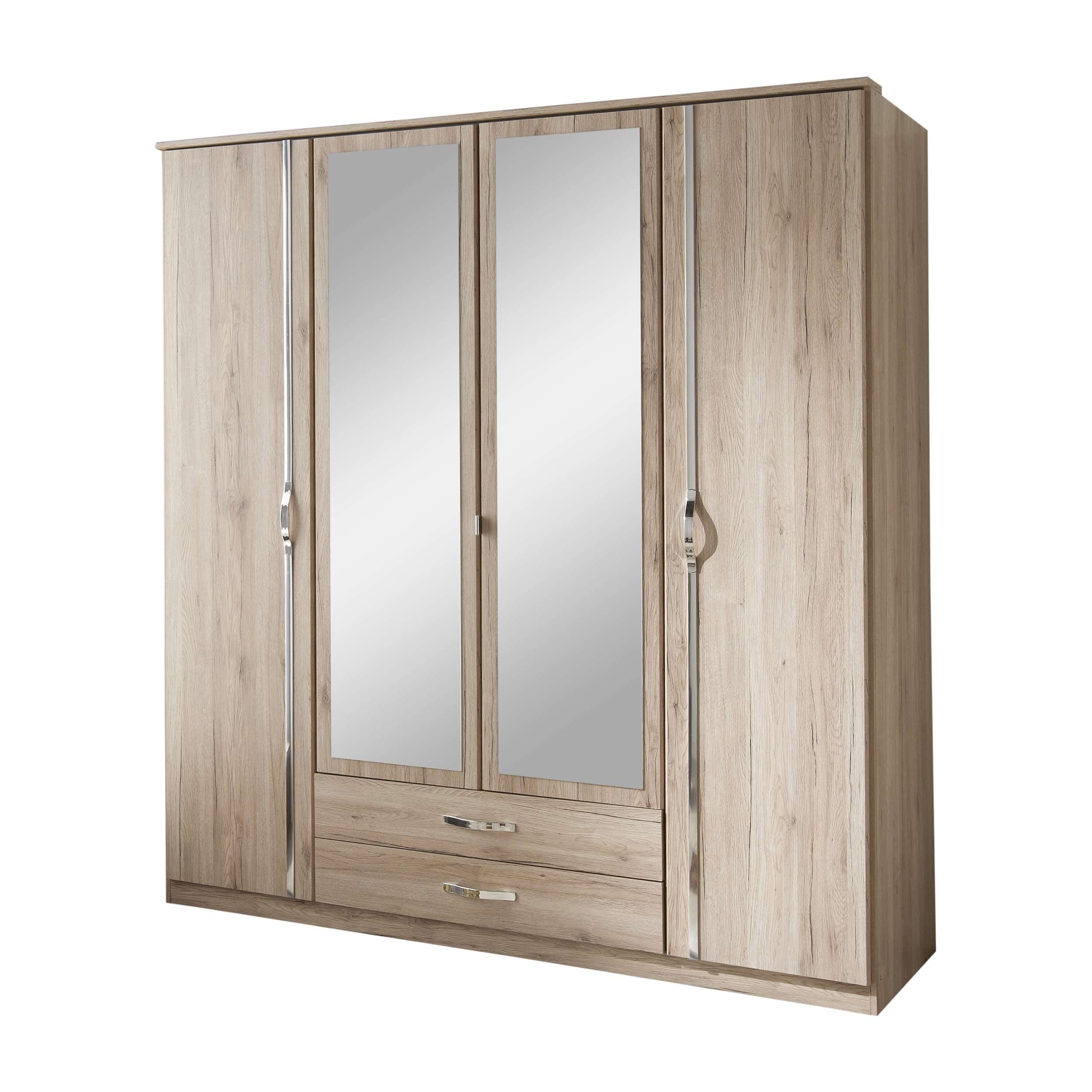 Stylefy Drehtürenschrank Düna III (Kleiderschrank, Mehrzweckschrank) 4-türig, aus Holzwerkstoff, Modern Design, viel Stauraum, mit Spiegel und Schubladen, variabel stellbar Sanremo Eiche