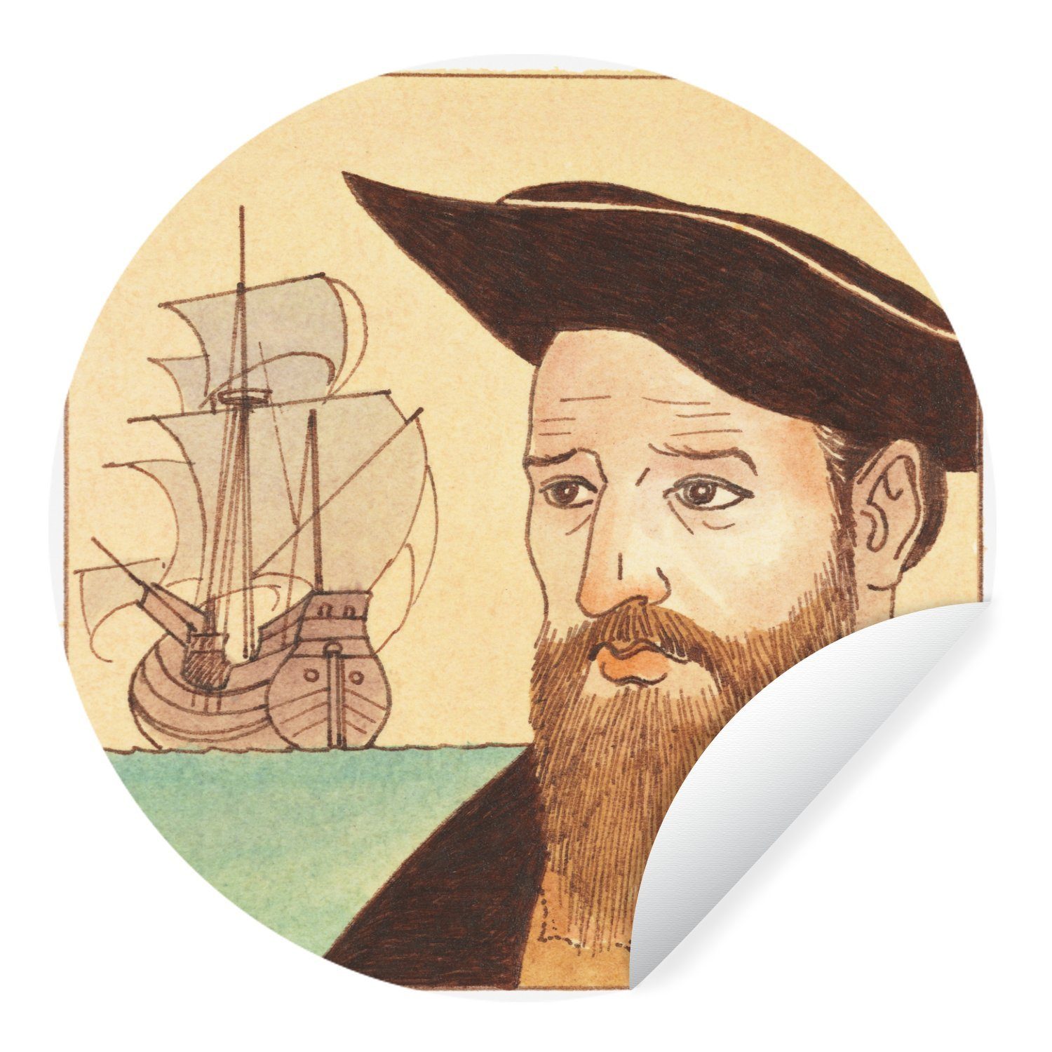 MuchoWow Wandsticker Bunte Illustration eines Porträts von Vasco da Gama (1 St), Tapetenkreis für Kinderzimmer, Tapetenaufkleber, Rund, Wohnzimmer